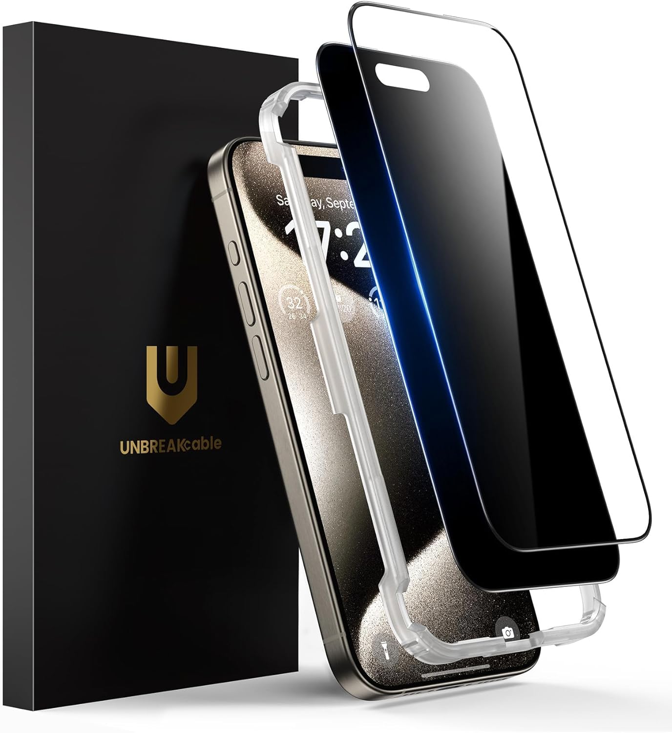 UNBREAKcable 2PCS Screen Protector for iPhone 16-1 Privacy Tempered Glass+1 Clear Glass Double Shatterproof [Easy Installation Frame] [9H Hardness] [Case Friendly] Anti-Scratch for iPhone 6.1 inch