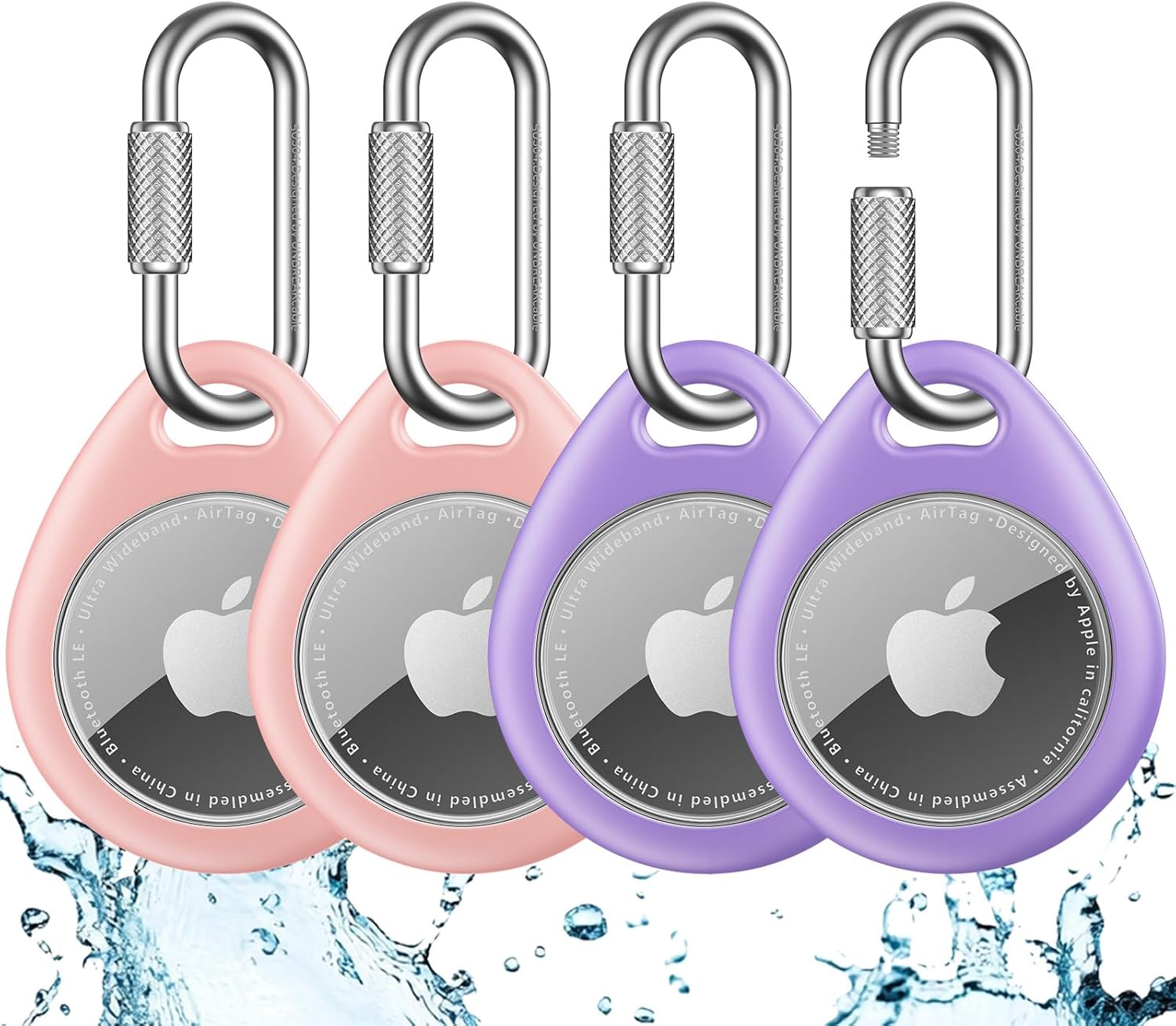 UNBREAKcable AirTag Holder for Apple - 4 Pack Air Tag Case [Professional Carabiner] [Waterproof] [Shockproof] TPU AirTag Keychain for Kids, Pets, Keys, Luggage, Backpacks