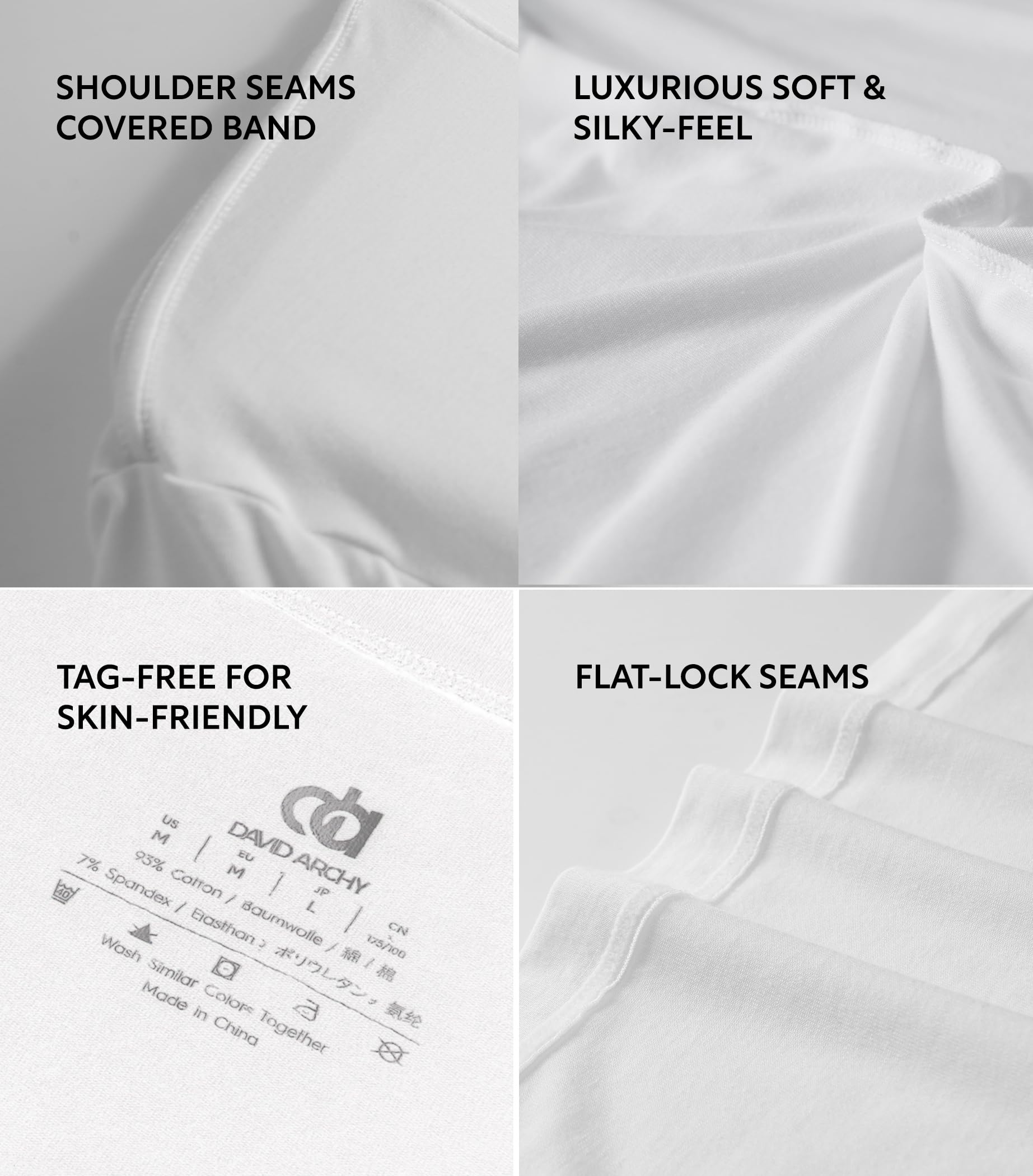 DAVID ARCHY Men's Undershirts Combed Cotton T-Shirt Soft Moisture-Wicking Undershirt Crew Neck or V Neck Tees 3 Pack