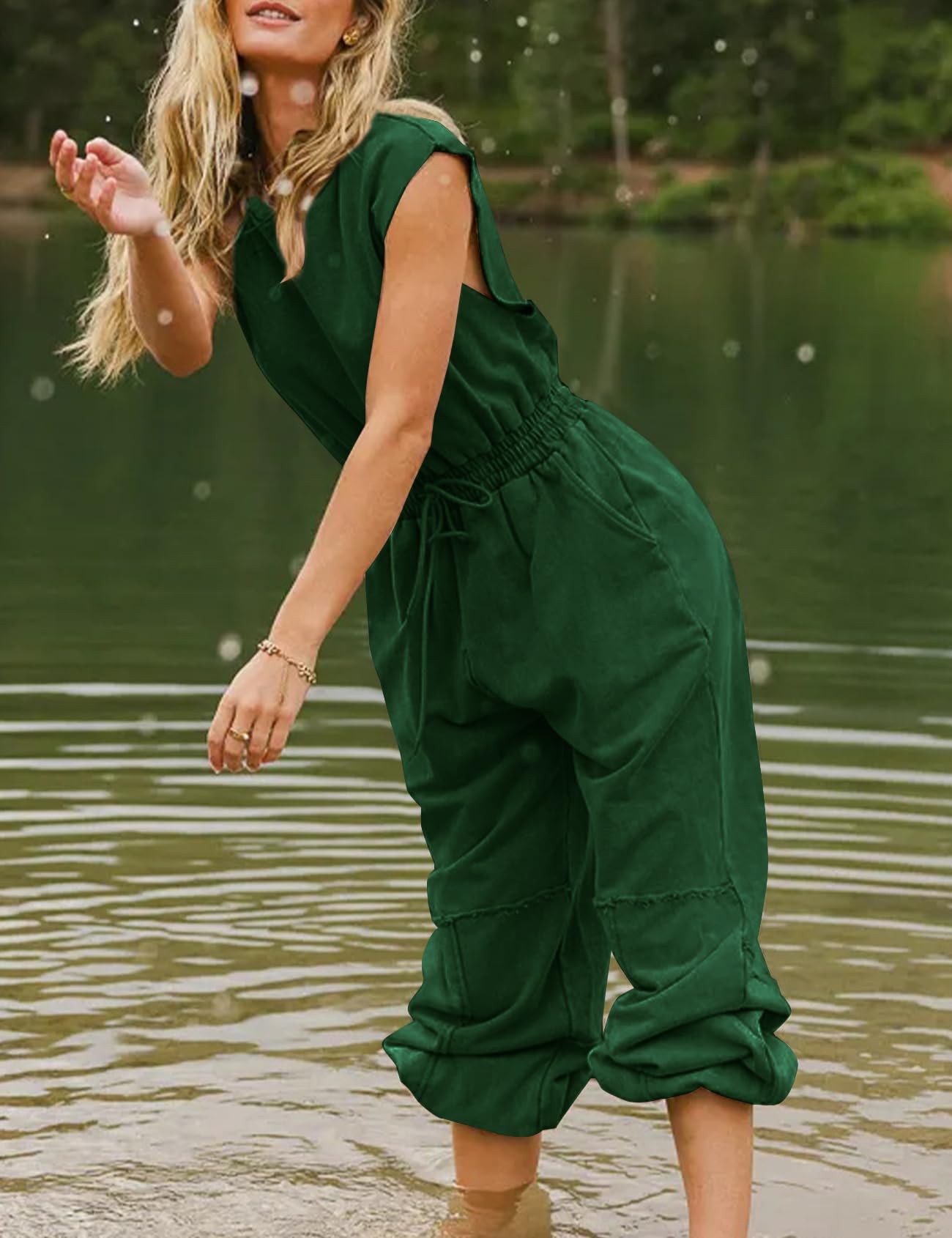 Flygo Womens Casual Jumpsuit Crewneck Cap Sleeve Long Wide Leg Pants One Piece Outfits Drawstring Romper with Pockets(LightGrey-M)