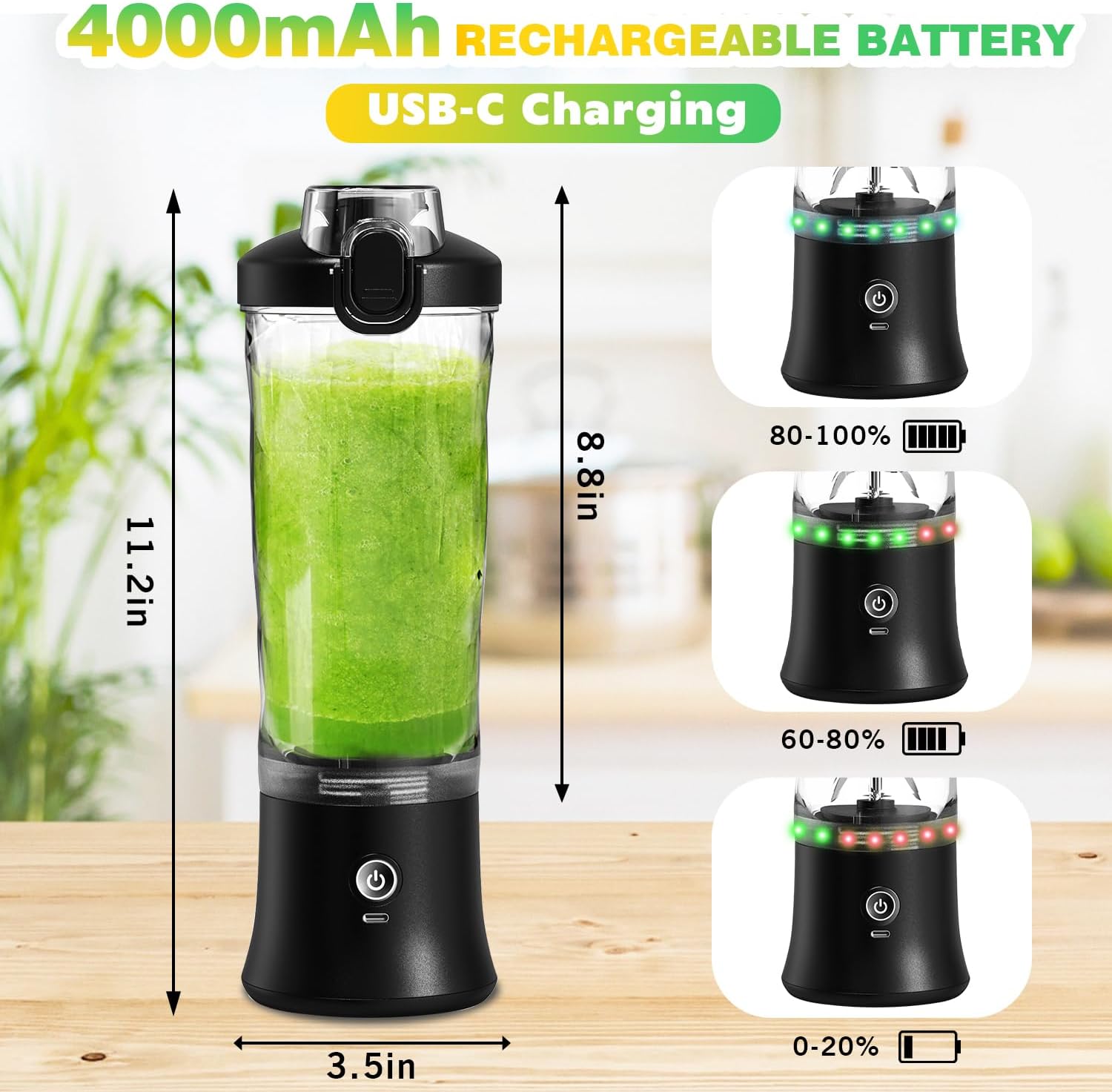 Portable Blender Personal Juicer for Shakes and Smoothies - 20 OZ Electric Protein Shaker Bottle with Insulated Sleeve, Travel Lid, USB-C Rechargeable - Mini Small Blender Cup for Kitchen, Office, Gym