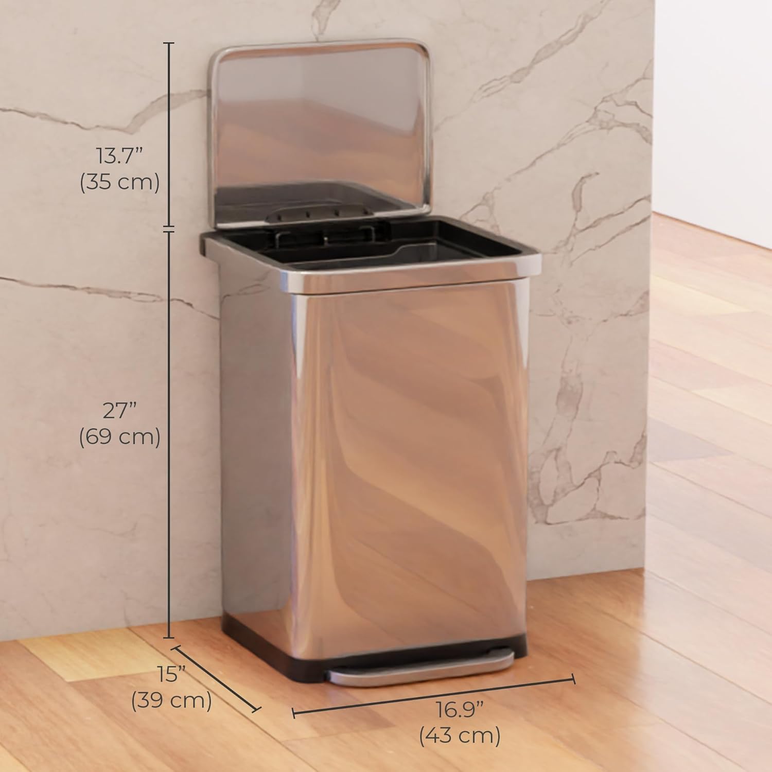 EconoHome 20 Gallon Stainless Steel Large Kitchen Trash Can with Foot Pedal, Soft Close Lid, and Trash Bag Retainer Rim
