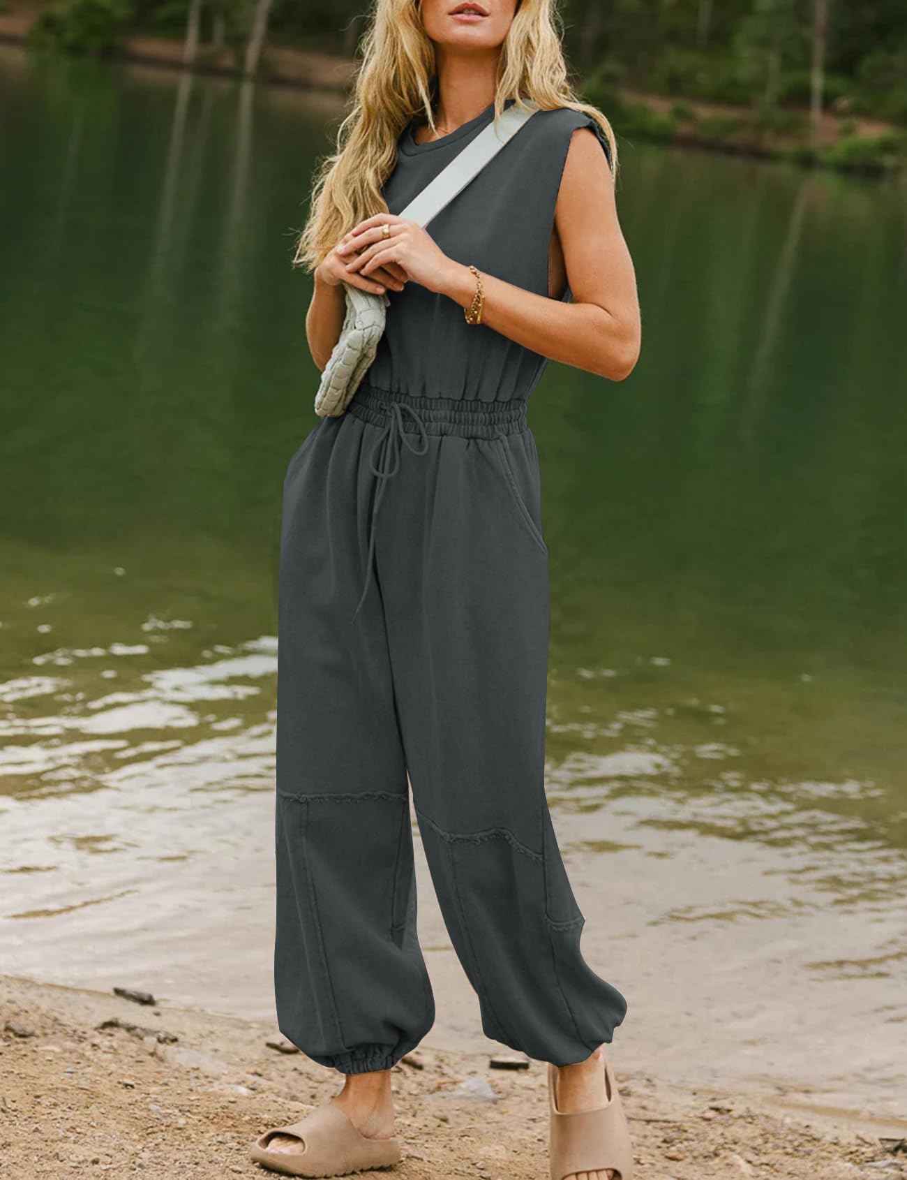 Flygo Womens Casual Jumpsuit Crewneck Cap Sleeve Long Wide Leg Pants One Piece Outfits Drawstring Romper with Pockets(LightGrey-M)
