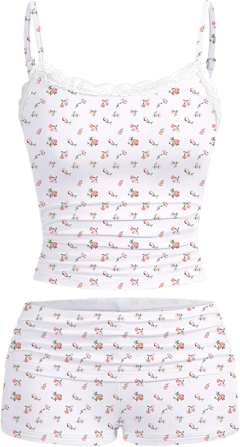 Hilinker Womens Sexy Pajama Set Ruched Lace Trim Cami and Shorts Summer Cute Pjs 2 Piece