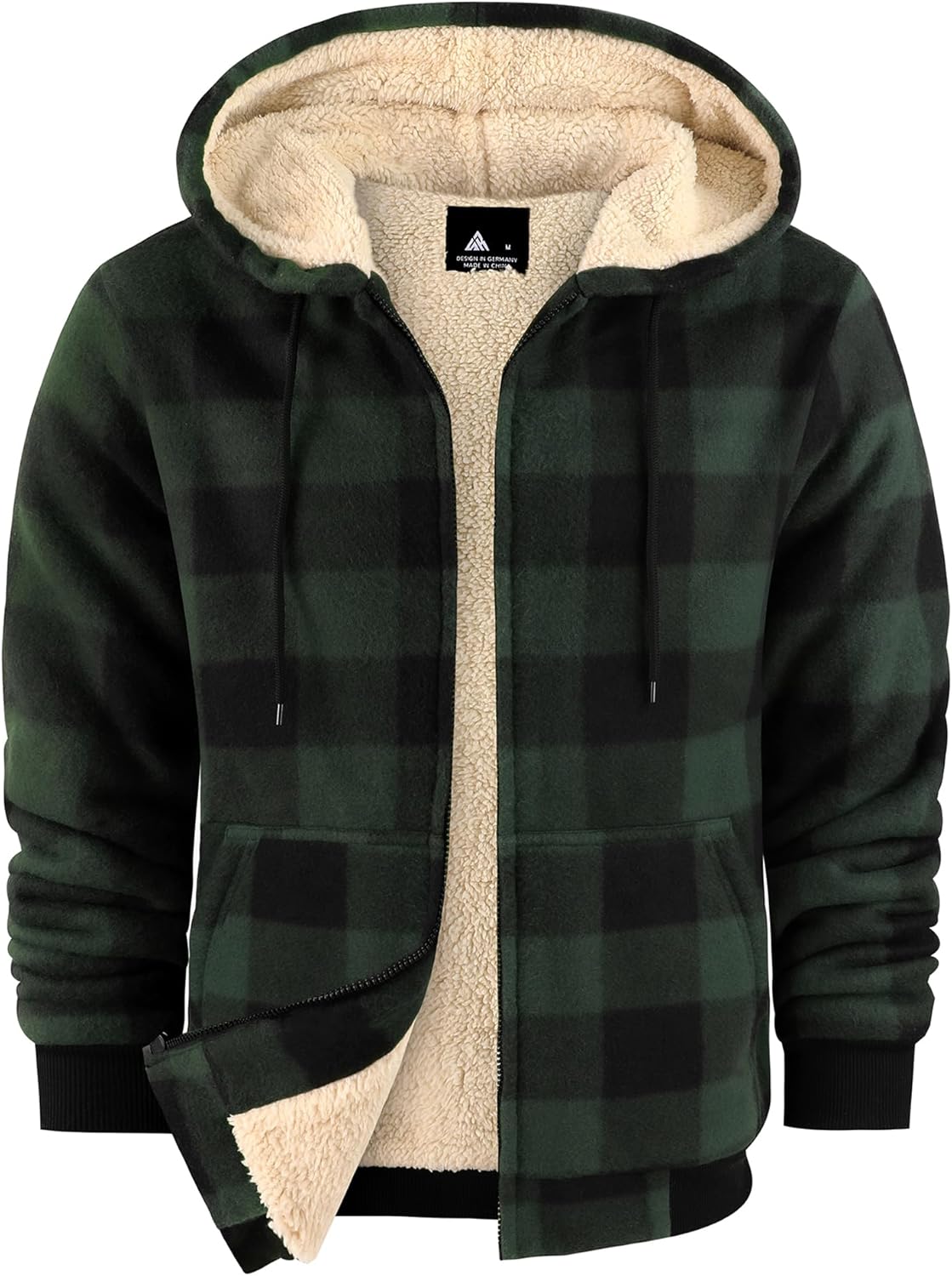 Mens Plaid Hoodies Winter Zip Up Fleece Jacket Sherpa Fleece Lined Warm Flannel Jacket Coat