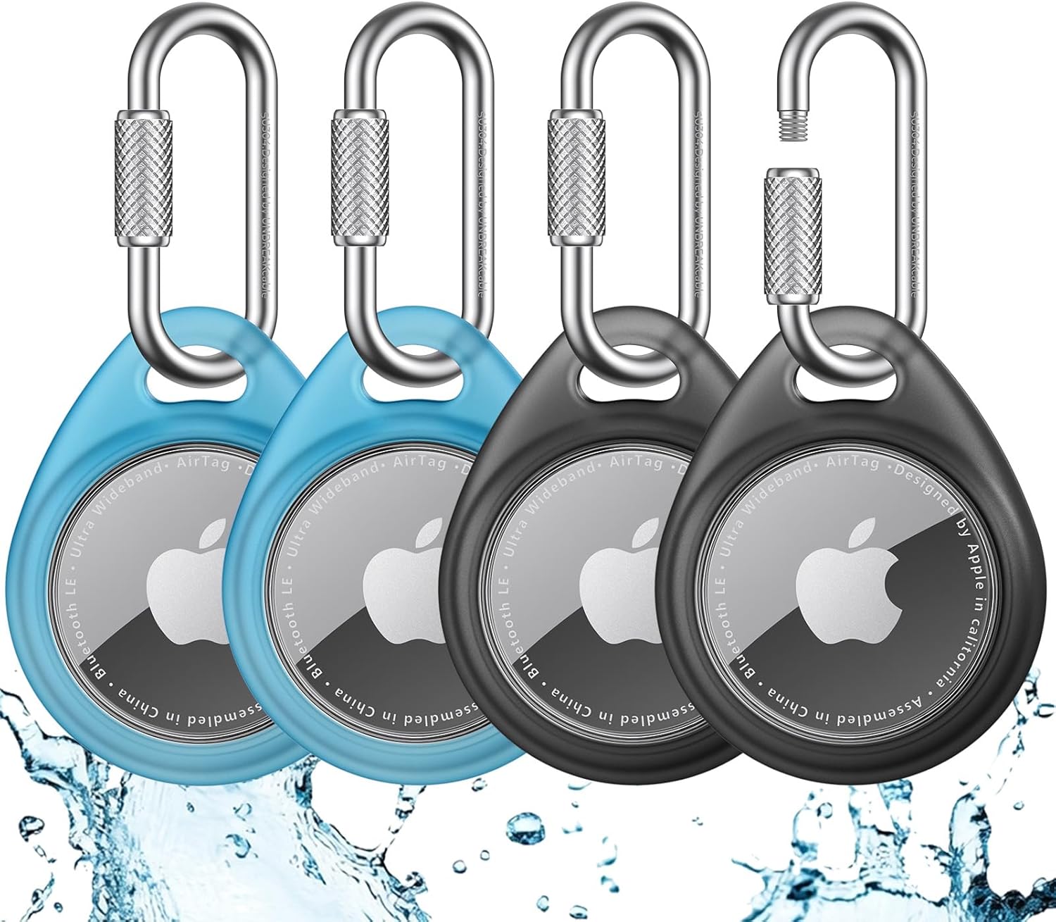 UNBREAKcable AirTag Holder for Apple - 4 Pack Air Tag Case [Professional Carabiner] [Waterproof] [Shockproof] TPU AirTag Keychain for Kids, Pets, Keys, Luggage, Backpacks