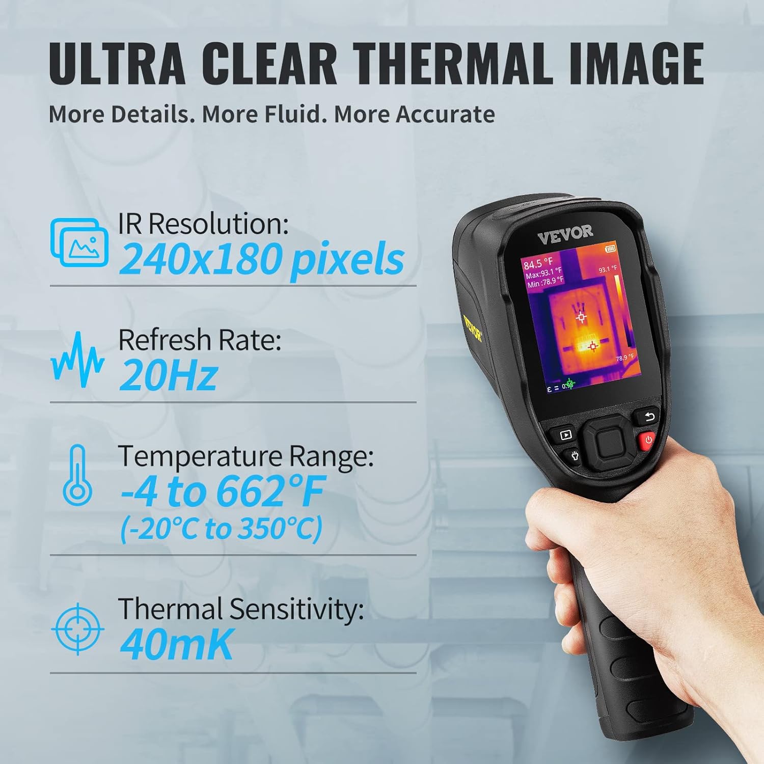 VEVOR Thermal Imaging Camera, 320 x 240 Pixels Super Resolution, 25Hz Refresh Rate Infrared Camera with -4 to 752°F Temperature Range, 32G Built-in SD Card, and Rechargeable Li-ion Battery