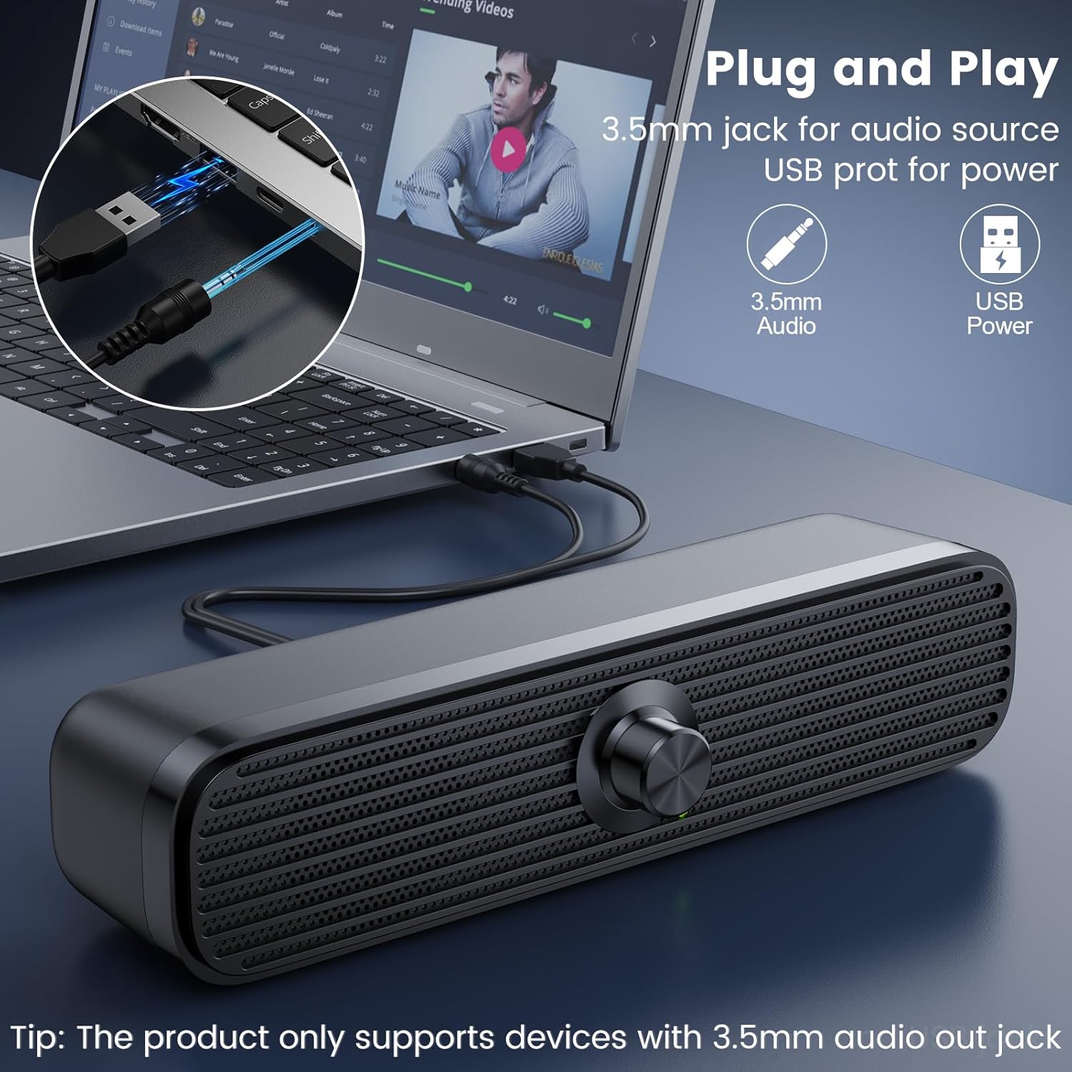 1Mii Computer Speakers for Desktop Laptop Tablet, USB Powered PC Speakers, Small Speakers Wired with Volume Control for Cellphone Pad MP3, Stereo Sound with 3.5mm Audio Plug for Windows Mac Linux PCs