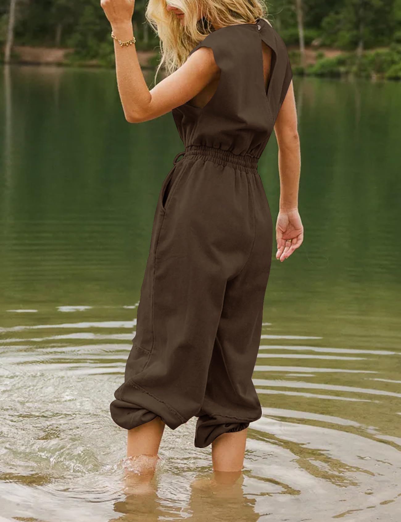 Flygo Womens Casual Jumpsuit Crewneck Cap Sleeve Long Wide Leg Pants One Piece Outfits Drawstring Romper with Pockets(LightGrey-M)