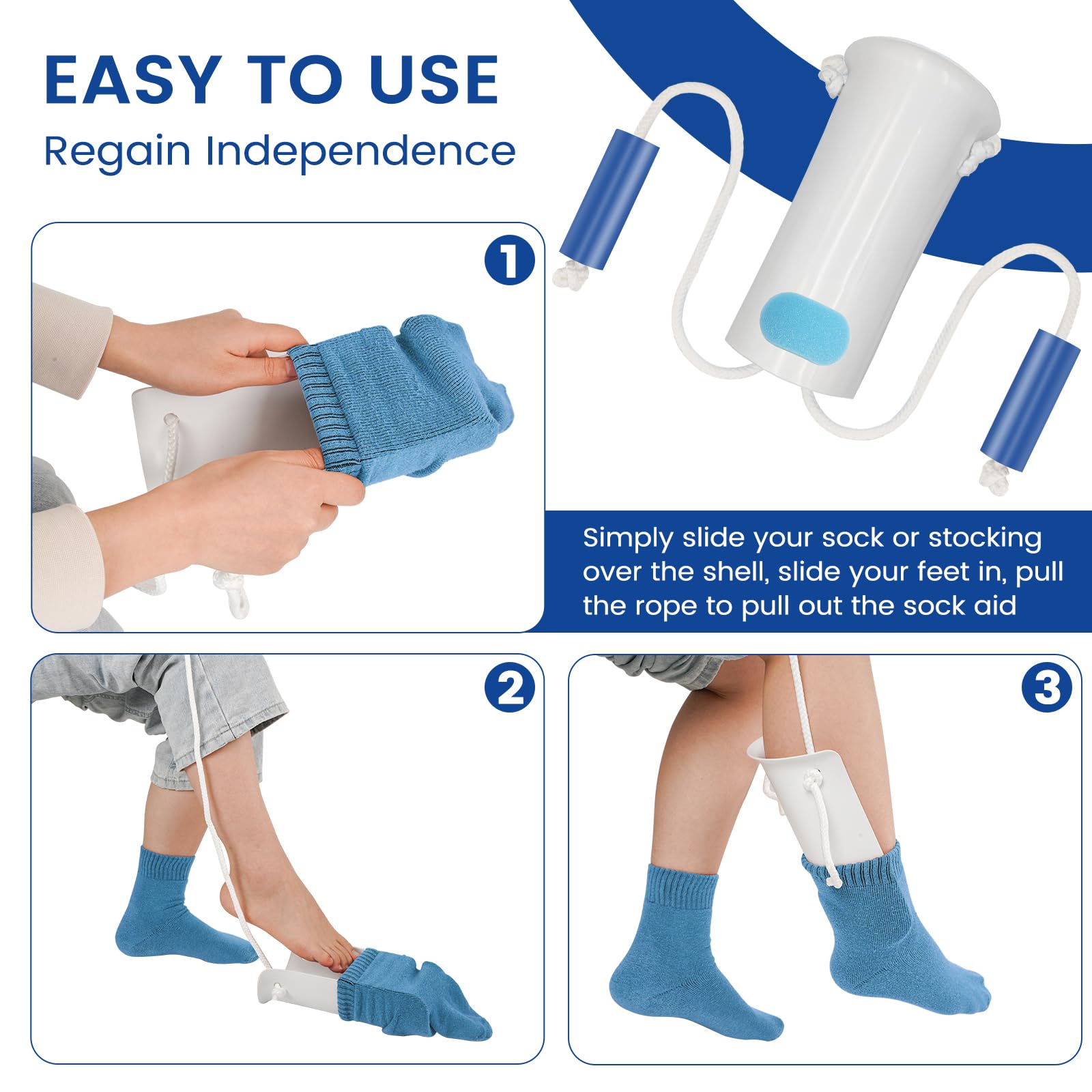 Jellas Sock Aid Kit, Flexible Sock Aid Device with Long Rope - Sock Puller aid Easy on and Off Device for Putting On and Removing Socks or Stockings, Sock Helper for Independence and Comfort (White)