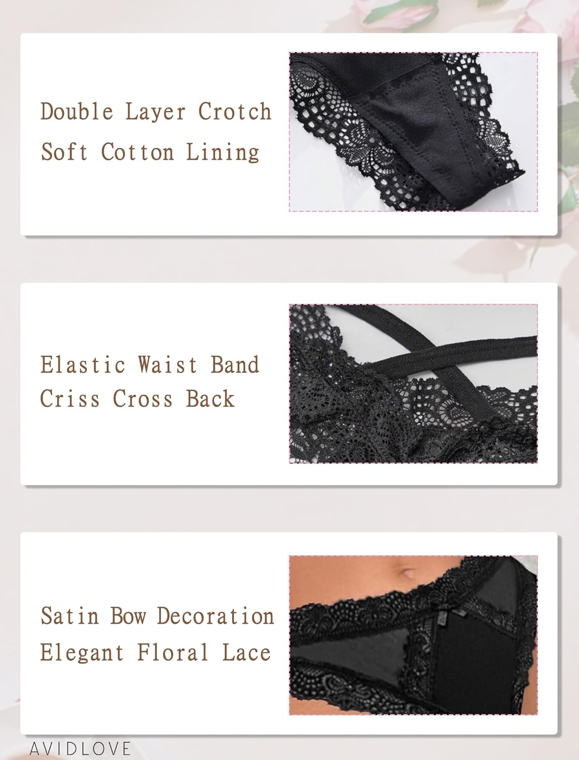 Avidlove Womens Underwear Sexy Lace Panties Low Rise Thong Bikini with Criss Cross Back Breathable Tangas 1-3 Packs