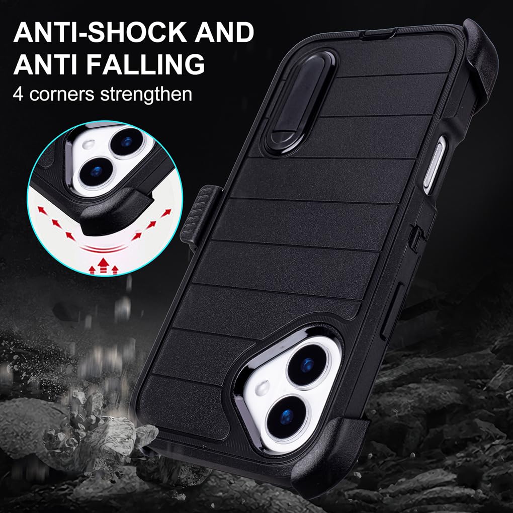 for Phone Case iPhone 16 Plus Case Black with Belt Clip Heavy Duty Holster for ShockPlusof Cases,3 Layers of Sturdy,Military Grade Defender Cover for iPhone 16 Plus Cases Black 6.7 Inch