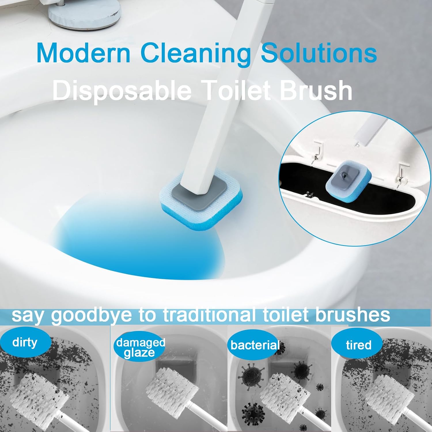 Disposable Toilet Bowl Brush and Holder with 18 pcs Refills Sponges Pad Replacement Cleaner Brush Heads Standing Toilet Brush Storage Caddy for Bathroom Deep Cleaning