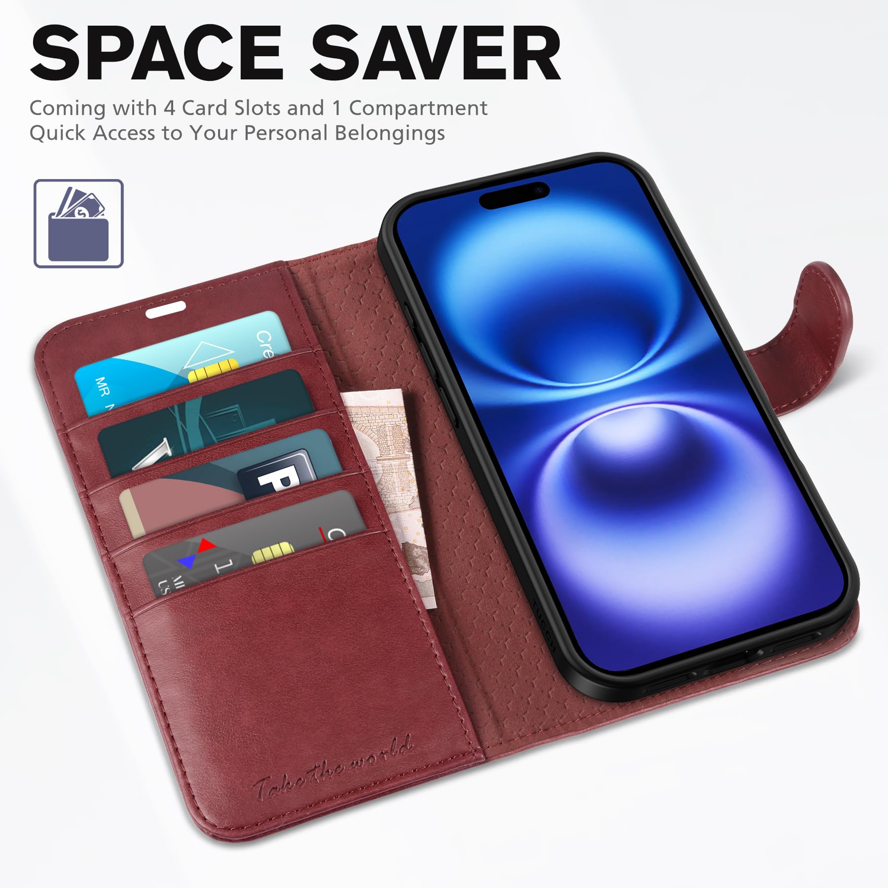 TUCCH Case Wallet for iPhone 16 Plus, RFID Blocking 4 Card Holder Kickstand [Shockproof TPU Interior Shell], PU Leather Magnetic Protective Flip Cover 6.7" 2024, Black