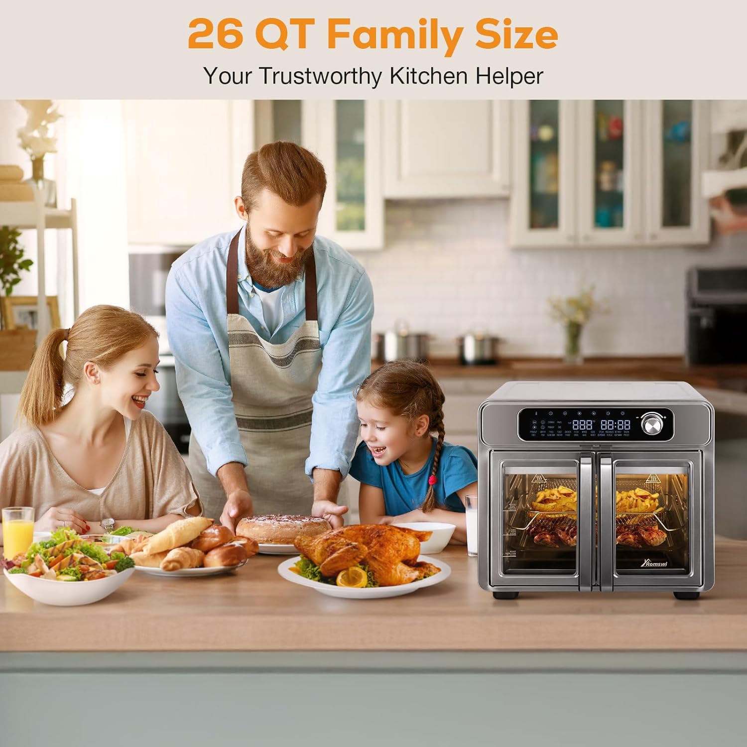 Romswi 26QT French Door Air Fryer Toaster Oven Combo, 24 Cooking Functions and Digital Controls, Fits 12" Pizza, 6 Slices of Toast, Rotisserie 6lb Chicken, 6 Accessories Included