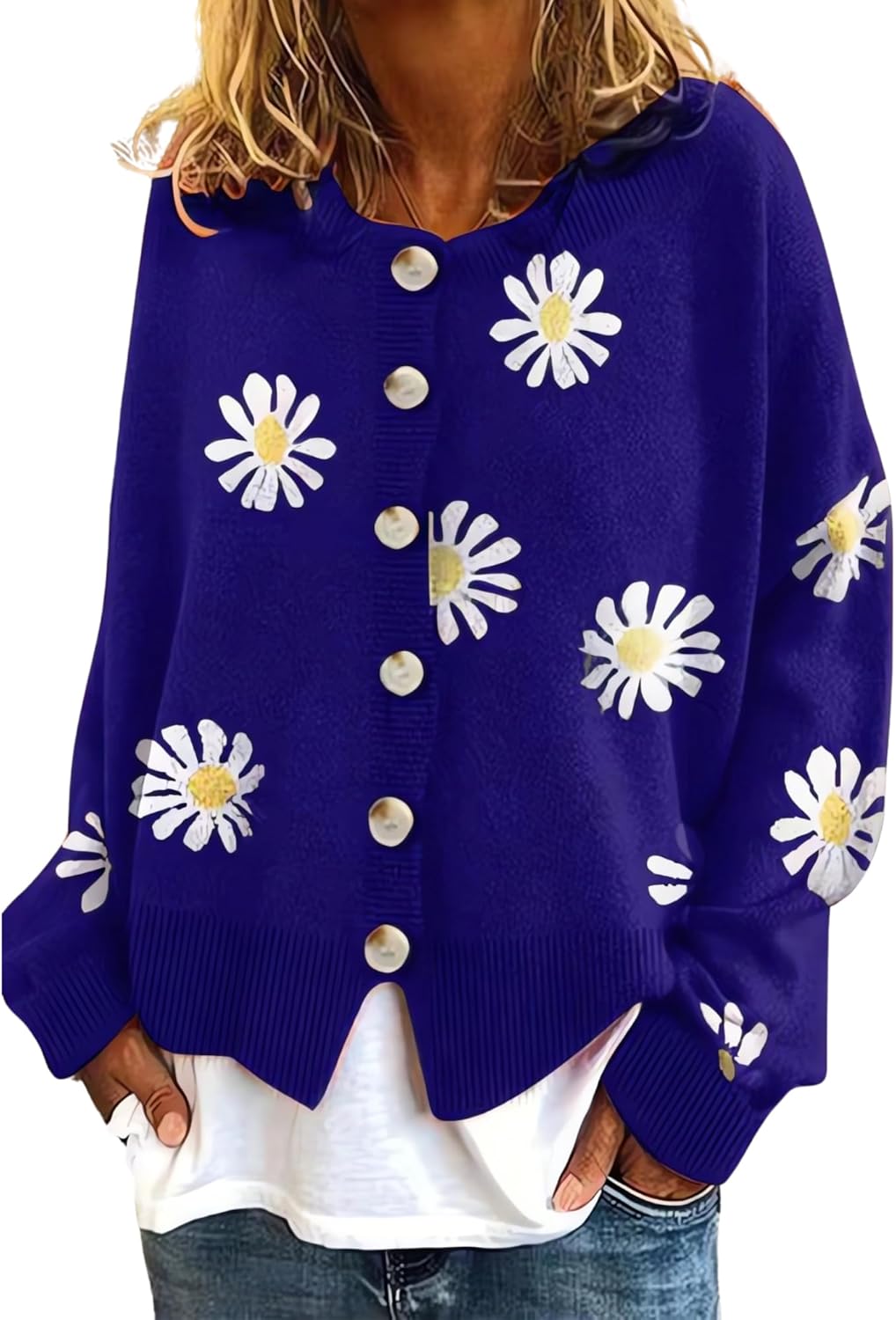 ZOCAVIA Women's Floral Knit Sweaters Cardigan Fall Winter Button Down Open Front Casual Flower Embroidered Cropped Sweaters