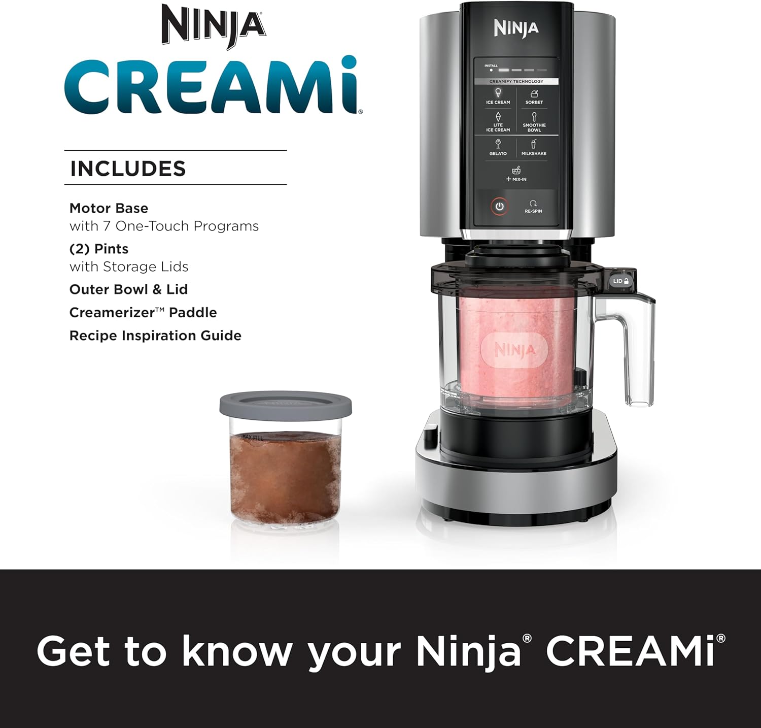 Ninja NC301 CREAMi Ice Cream Maker, for Gelato, Mix-ins, Milkshakes, Sorbet, Smoothie Bowls & More, 7 One-Touch Programs, with (2) Pint Containers & Lids, Compact Size, Perfect for Kids, Silver