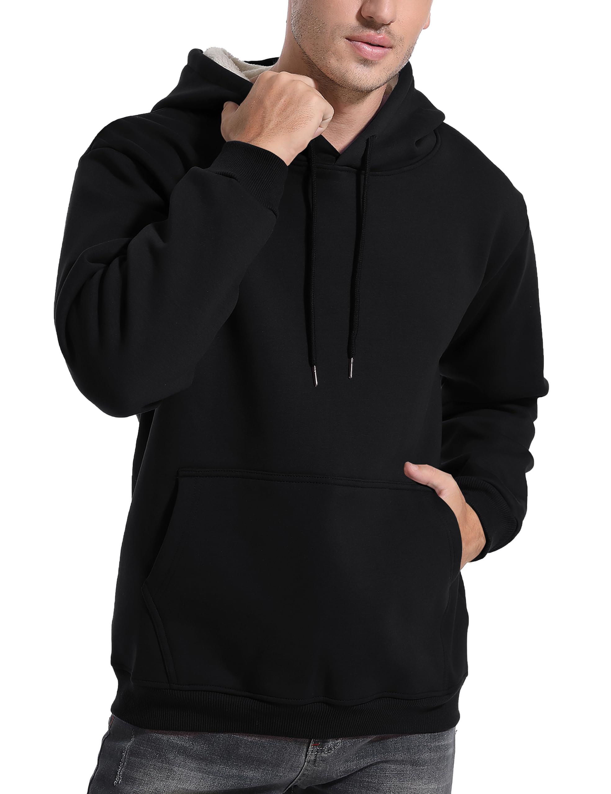 Flygo Men's Casual Fleece Sherpa Lined Hoodie Winter Warm Pullover Hooded Sweatshirt(Black-XL)