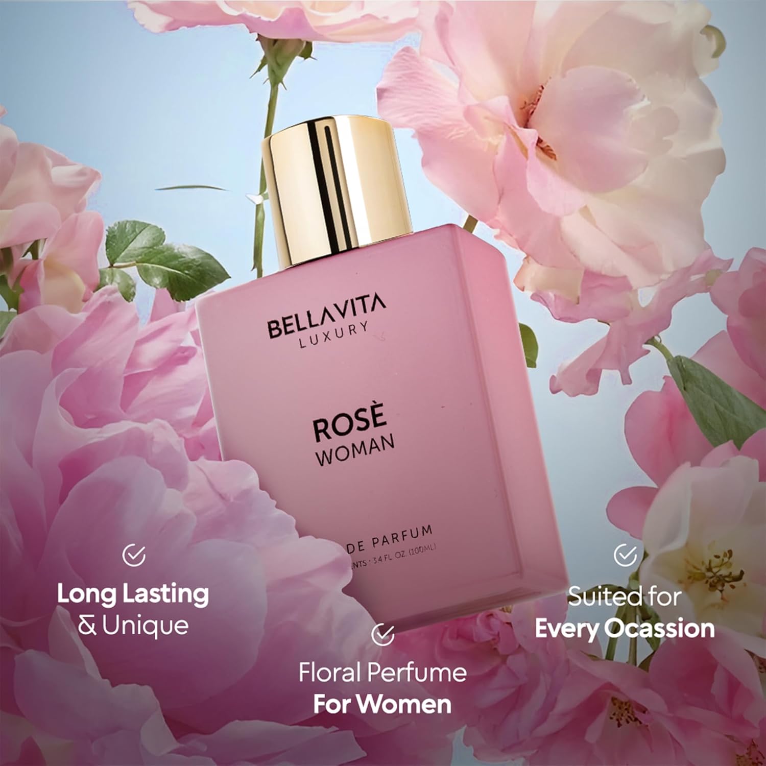 BellaVita Luxury ROSE Perfume for Women (100ml) | Floral, Oriental & Sweet Fragrance | Notes: Amber, Vanilla, Black Currant, Rose, Jasmine | Premium French Floral Fragrance