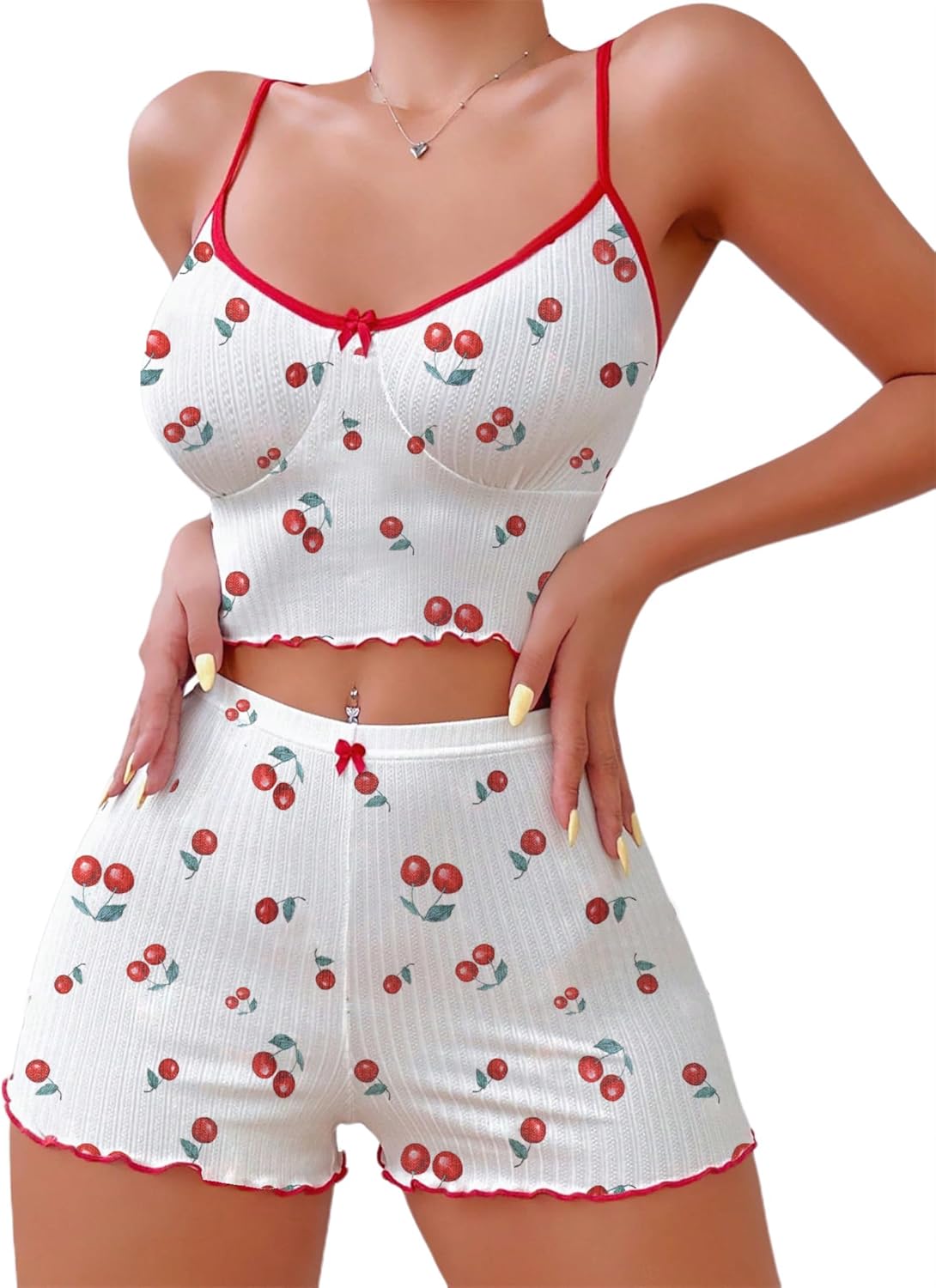 Hilinker Womens Graphic Print Ribbed PJ Set Crop Cami Tops and Shorts Cute Pajamas Set