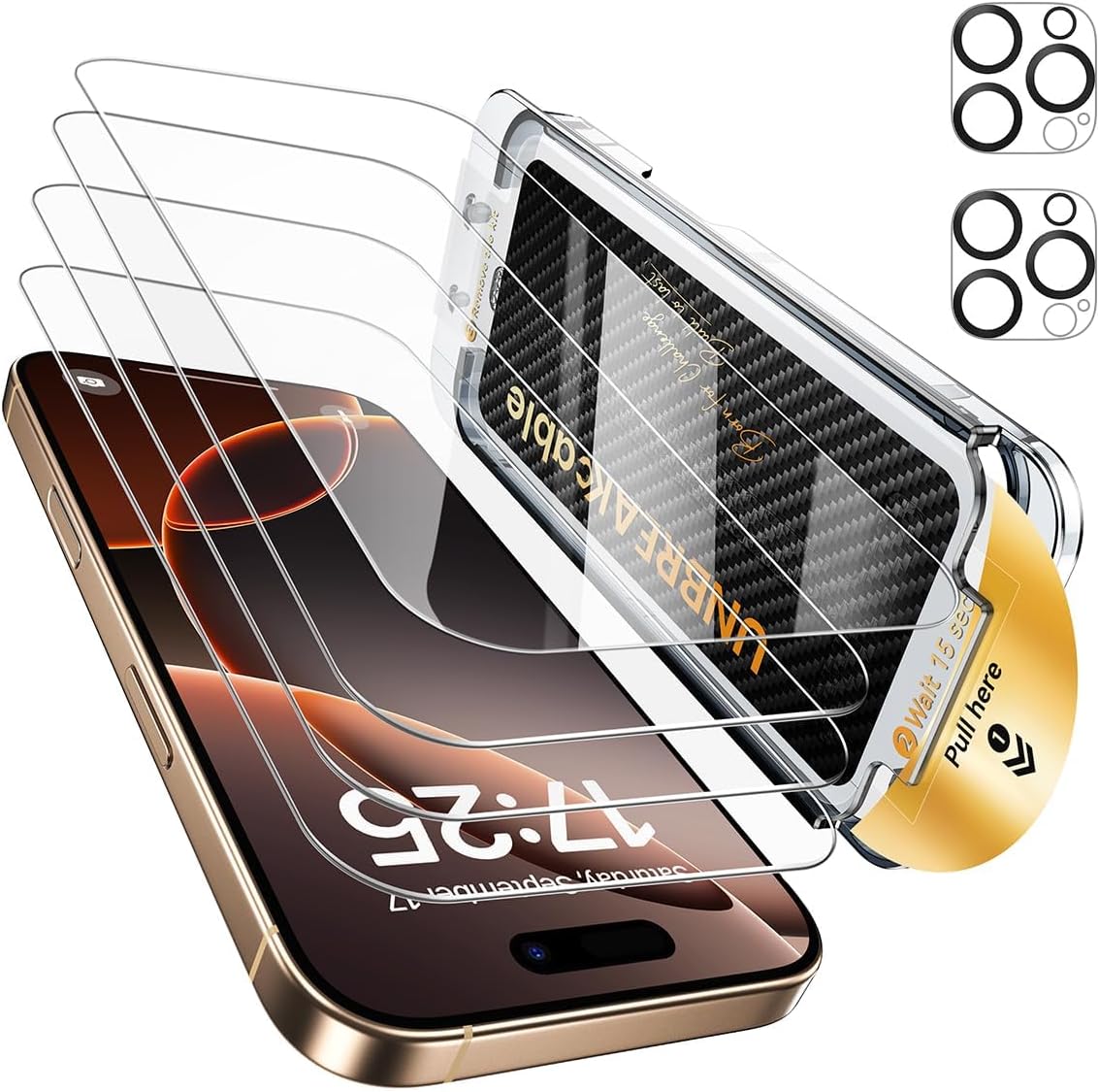 UNBREAKcable for iPhone 16 Pro Screen Protector 4+2 Pack [9H+ Military-Grade Shatterproof] [Effortless Bubble-Free Installation] Ultra HD Clarity Tempered Glass with Lens Protector, Case friendly