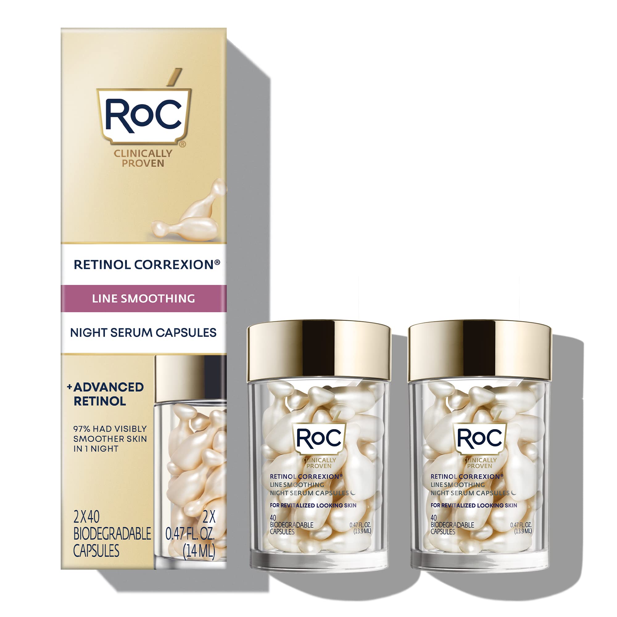 RoC Retinol Correxion Anti-Aging Wrinkle Night Serum, Retinol Serum for Face, Daily Treatment for Fine Lines, Post Acne Scars, 30 Capsules, Unscented, 0.35 Fl Oz