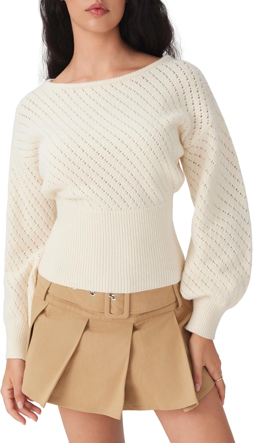 CIDER Women's Sweater Boat Neck Knit Sweater Balloon Sleeve for Women Knit Tops 2025 Fall