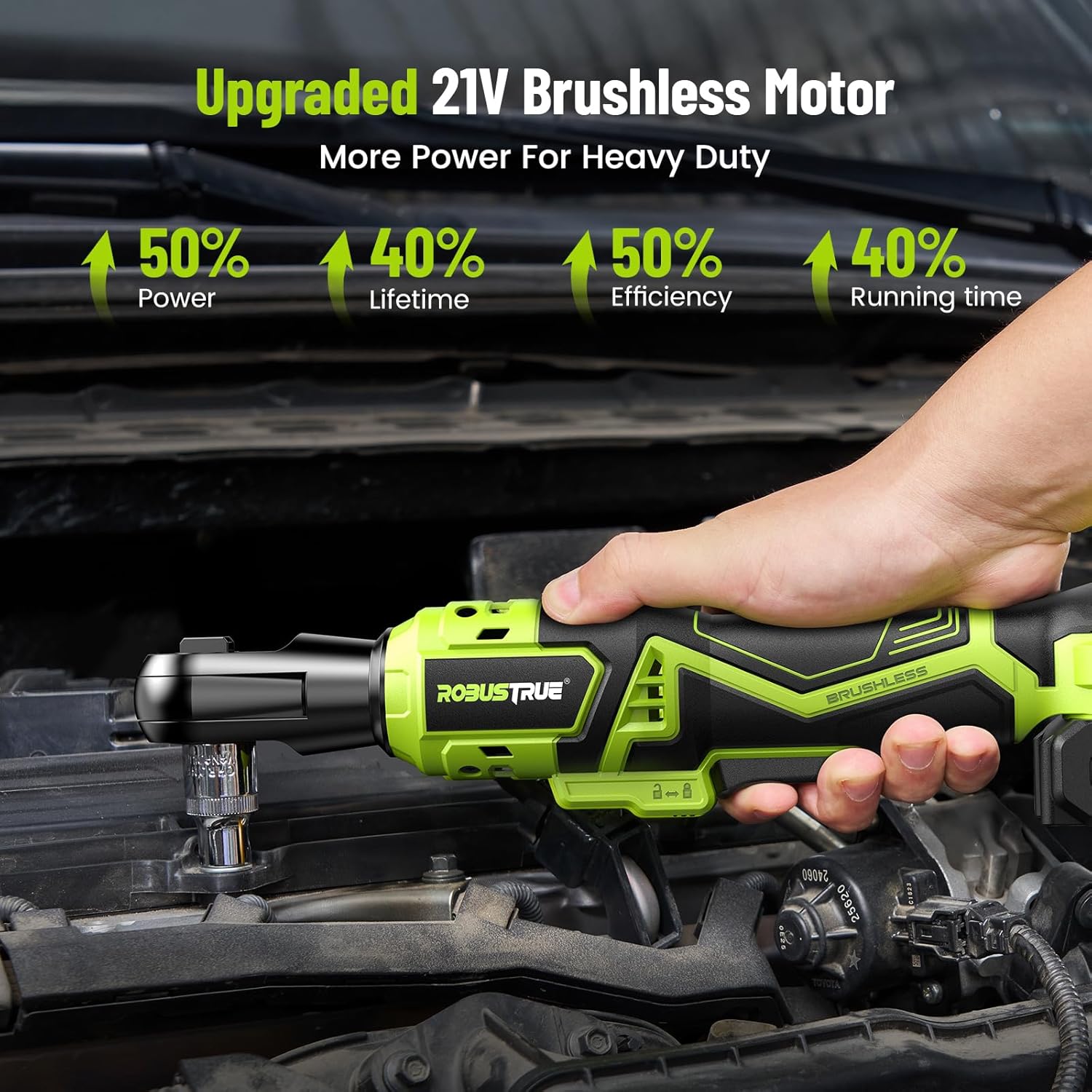 1/2" Electric Ratchet Wrench: 66Ft-lbs/400 RPM Variable Speed Cordless Power Ratchet Kit with 2x2000mAh Li-Ion Batteries, 8 Sockets, 1/4" and 1/2" Adapters, 3" Extension Bar for Auto Repair