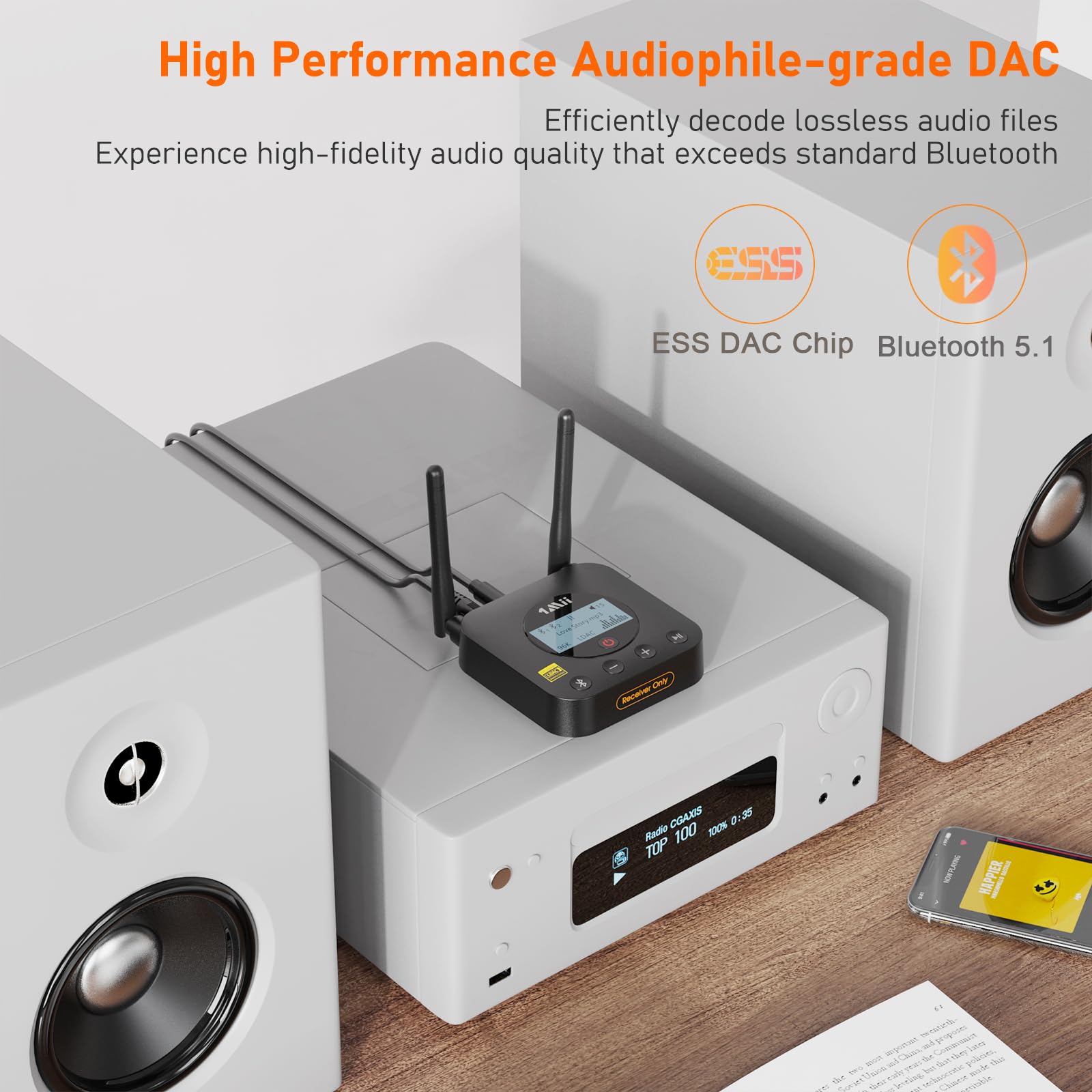 [Upgraded] 1Mii B06Pro Long Range Bluetooth Receiver, HiFi Wireless Audio Adapter, Bluetooth 5.1 Receiver with 3D Surround aptX HD Low Latency Optical RCA AUX 3.5mm Coaxial for Home Stereo System