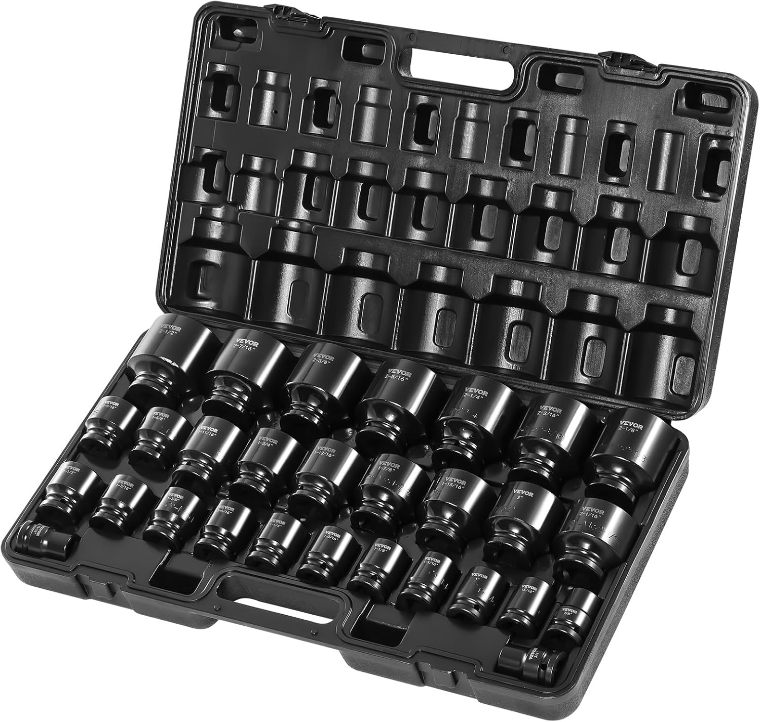 VEVOR 1/2" Drive Impact Socket Set, 65 Piece SAE 3/8" to 1-1/4" and Metric 10-24mm, 6 Point Cr-V Alloy Steel for Auto Repair, Easy-to-Read Size Markings, Rugged Construction, Storage Case