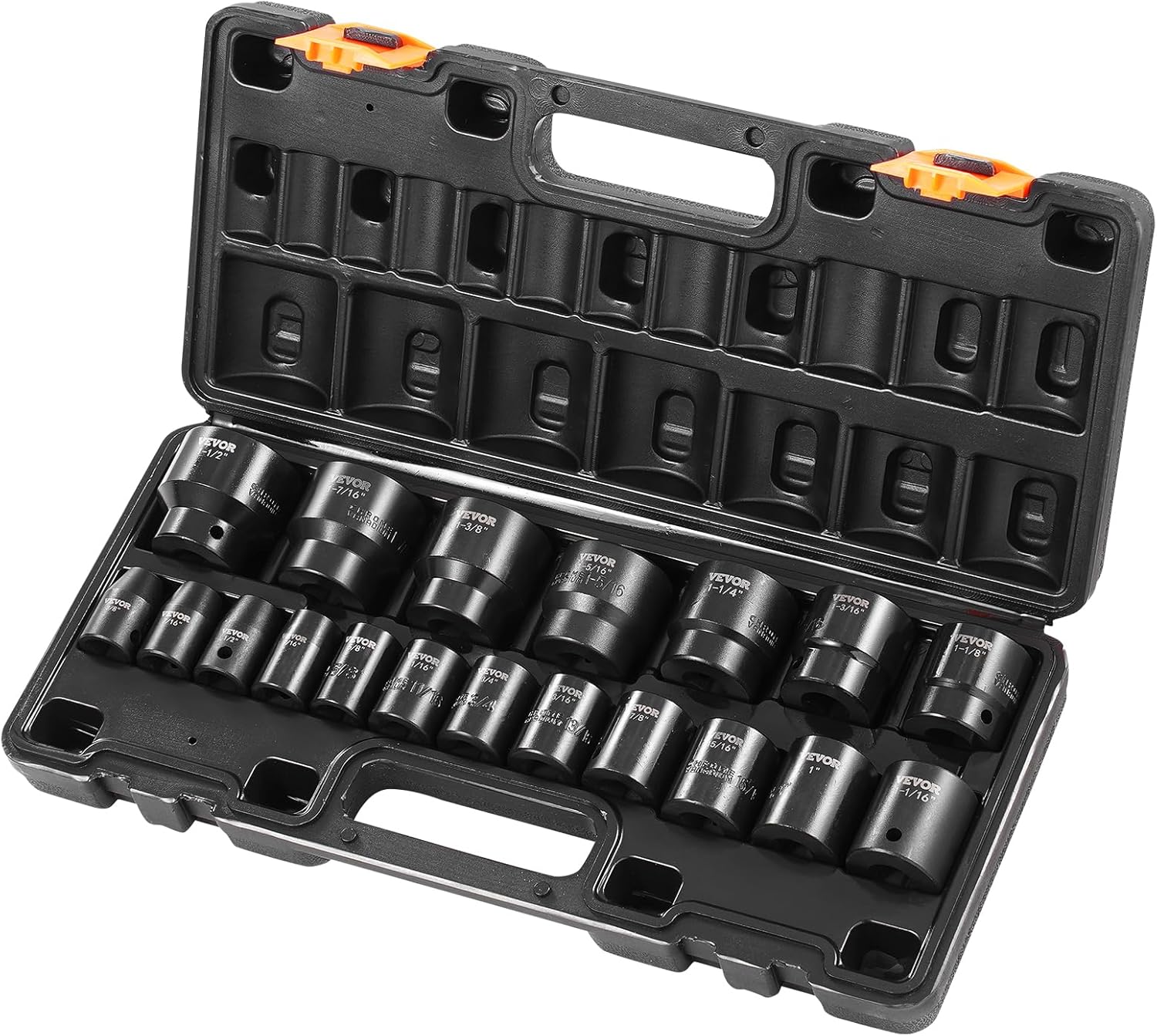 VEVOR Impact Socket Set 3/8" Drive, 48-Piece Standard SAE (5/16 to 3/4 inch) & Metric (8 to 22 mm) Size, Deep & Shallow, 6 Point, CR-V, Extension Bar, Universal Joint, 1/2" F to 3/8" M Reducer