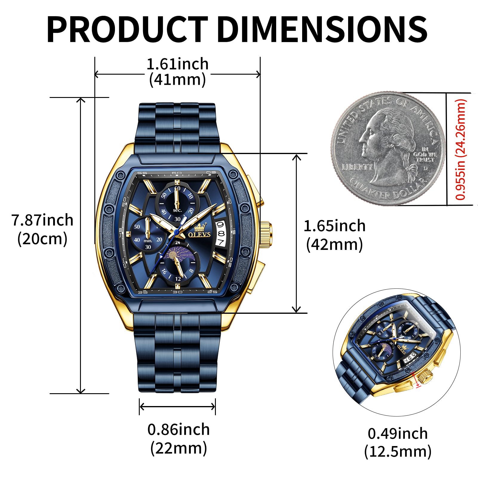 OLEVS Watches Men Chronograph Waterproof Rectangle Face Moon Phase Stainless Steel Strap Dress Watches for Men Luminous Quartz Calendar Mens Wrist Watch