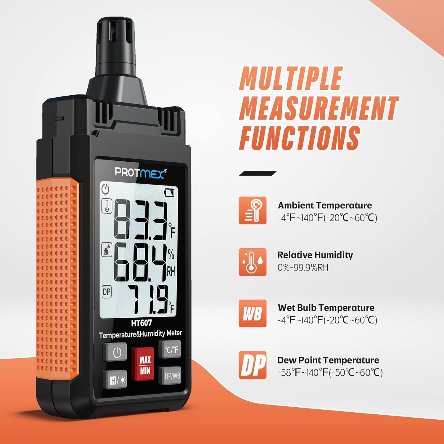 HT607 Temperature Humidity Meter High Precision Digital Hygrometer with Ambient, Relative Humidity, Dew Point, Wet Bulb Thermometer, Min/Max Hold, LCD Backlight with Cover Protector