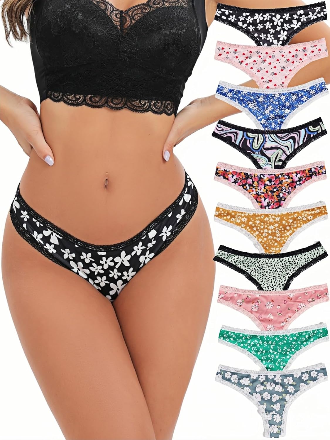 Morvia 10-Pack Women Sexy Coquette Contrast Lace Trims Floral Print Thongs Underwear