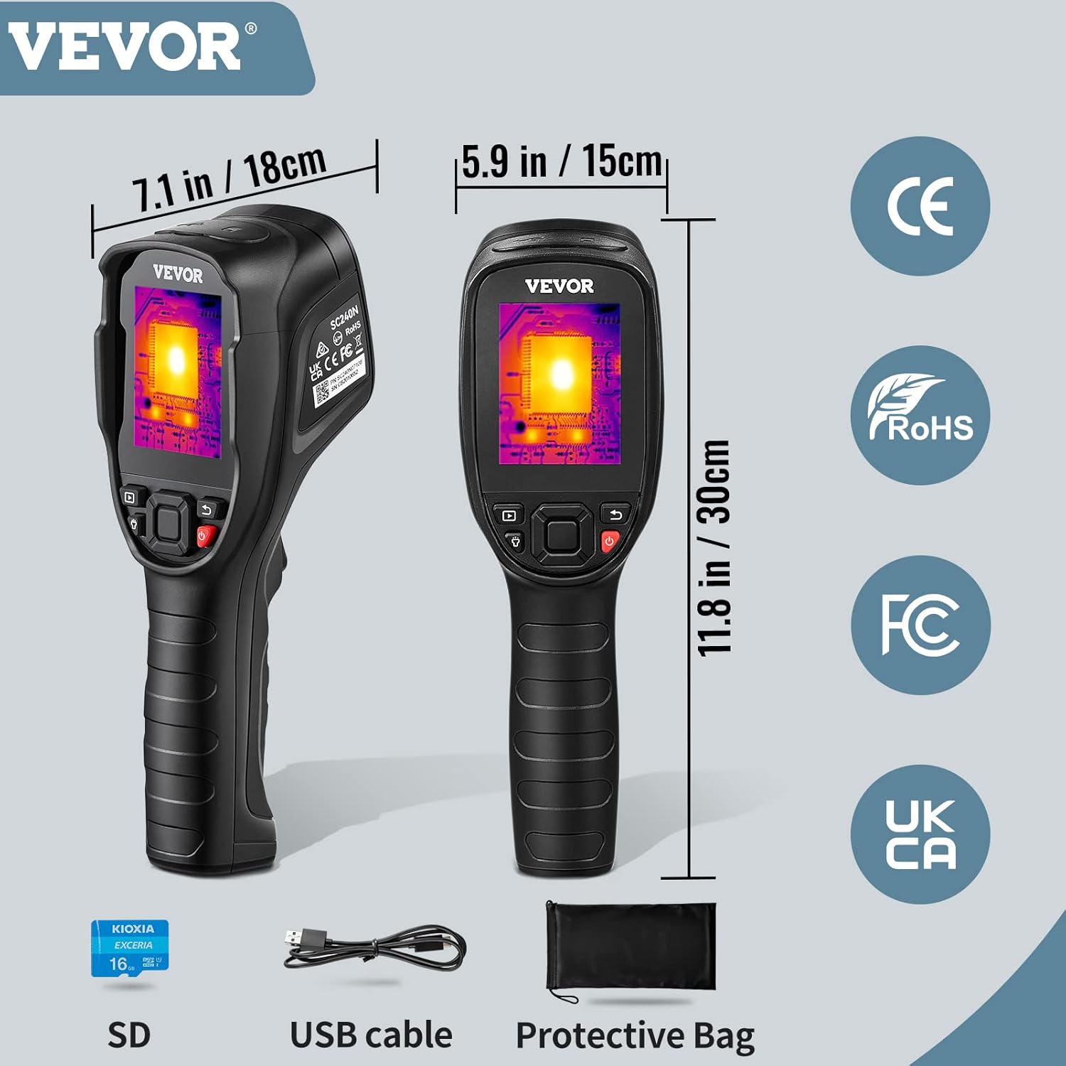 VEVOR Thermal Imaging Camera, 320 x 240 Pixels Super Resolution, 25Hz Refresh Rate Infrared Camera with -4 to 752°F Temperature Range, 32G Built-in SD Card, and Rechargeable Li-ion Battery