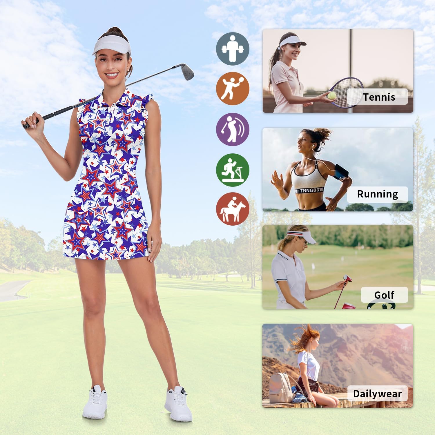 WOWENY Tennis Dress Polo Buttons Golf Dresses with Built in Shorts and Pockets Ruffle Sleeveless Athletic Workout Dress