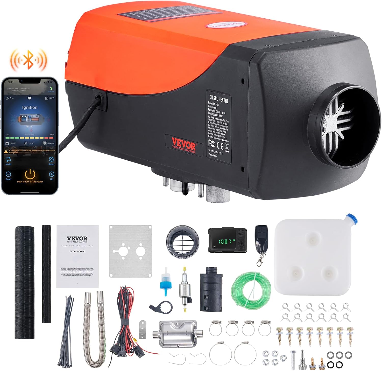 VEVOR 8KW Diesel Heater, DC12-24V, Fast Heating Diesel Air Heater, with Remote Control and Color Digital Display, 10L Fuel Tank, Low Noise, Voice Announcement, for RV, Truck, Boat and Trailer