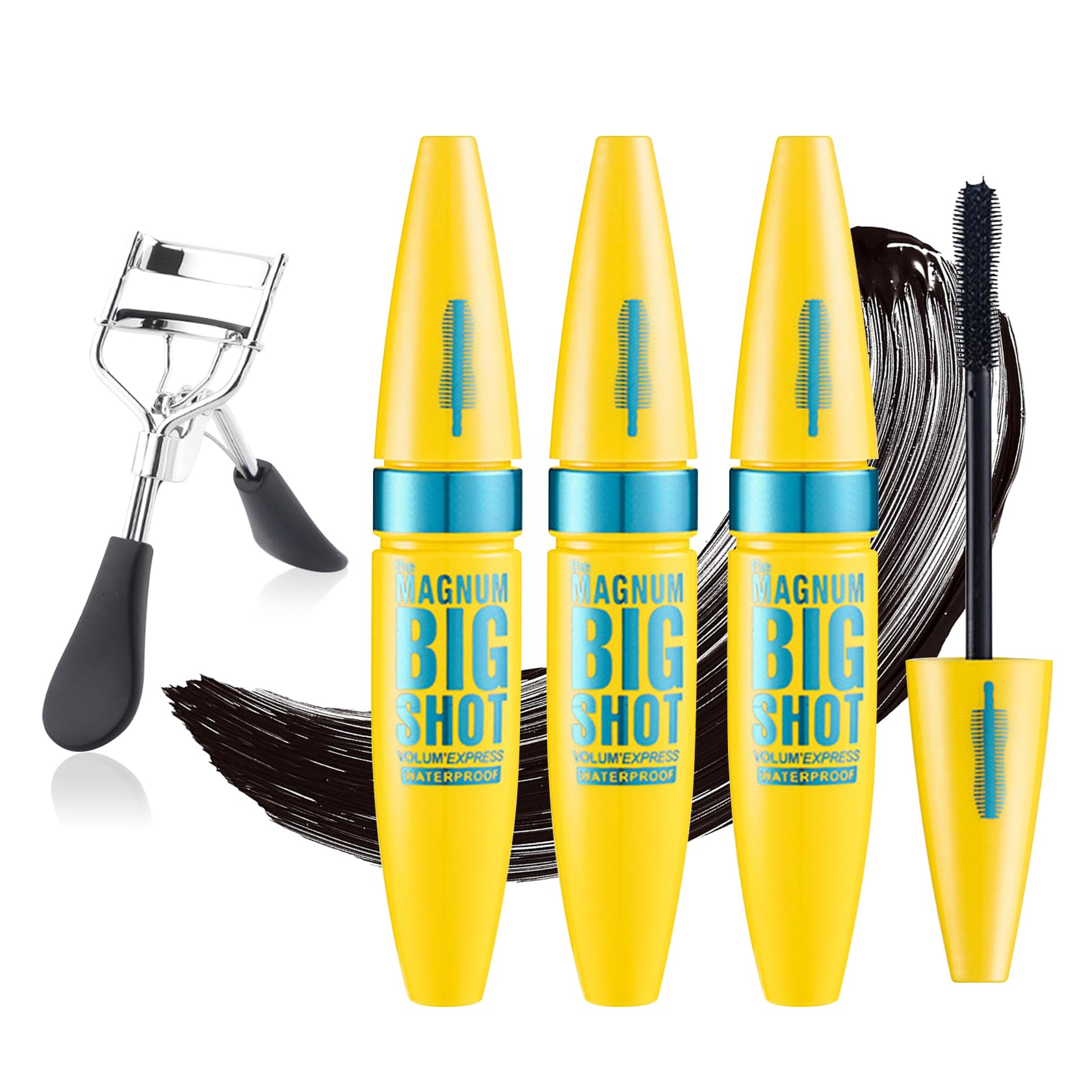 Black Telescopic Mascara Set,3PCS Black Mascara Volume and Length for Eye Makeup,Waterproofing No Clumping Tubing Mascara,No Smudging Curly Black Mascara with Eyelash Curler