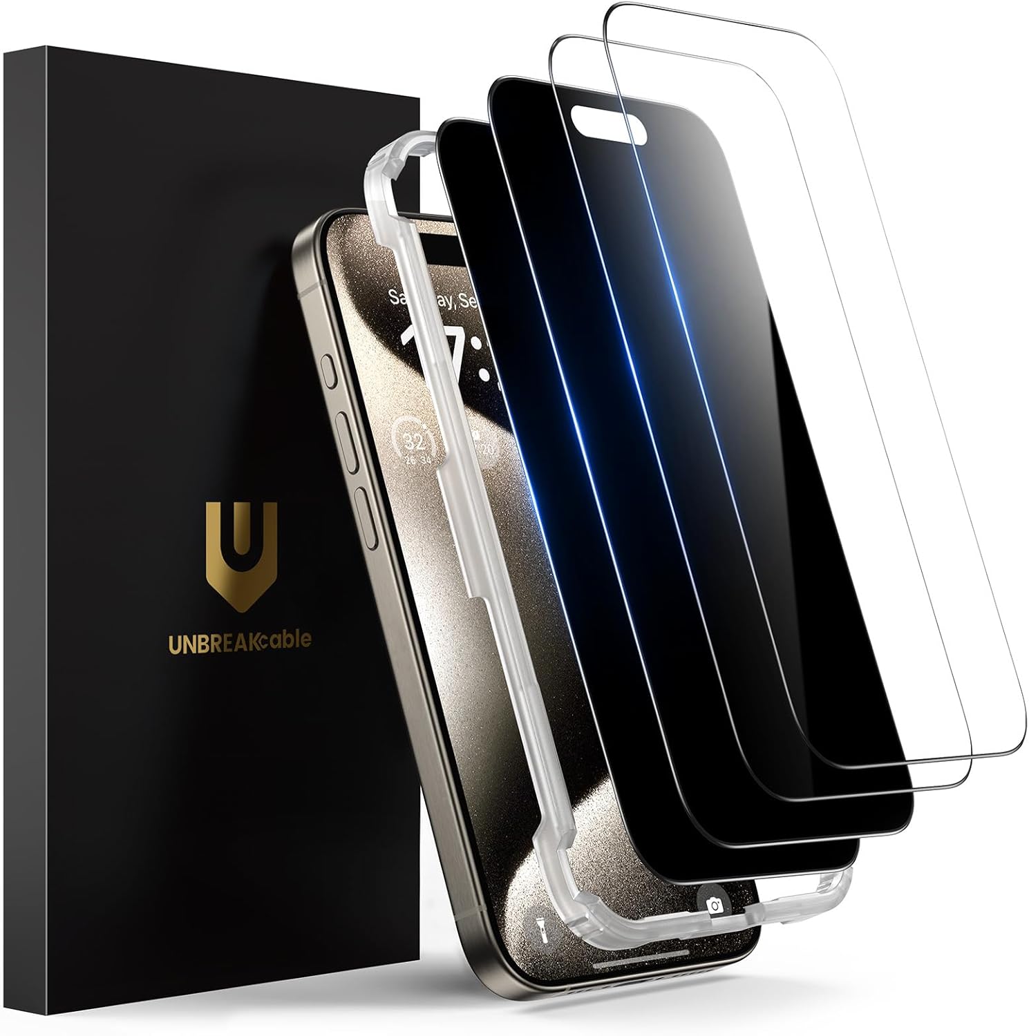 UNBREAKcable 4PCS Screen Protector for iPhone 15-2 Privacy Tempered Glass+2 Clear Glass Double Shatterproof [Easy Installation Frame] [9H Hardness] [Case Friendly] Anti-Scratch for iPhone 6.1 inch