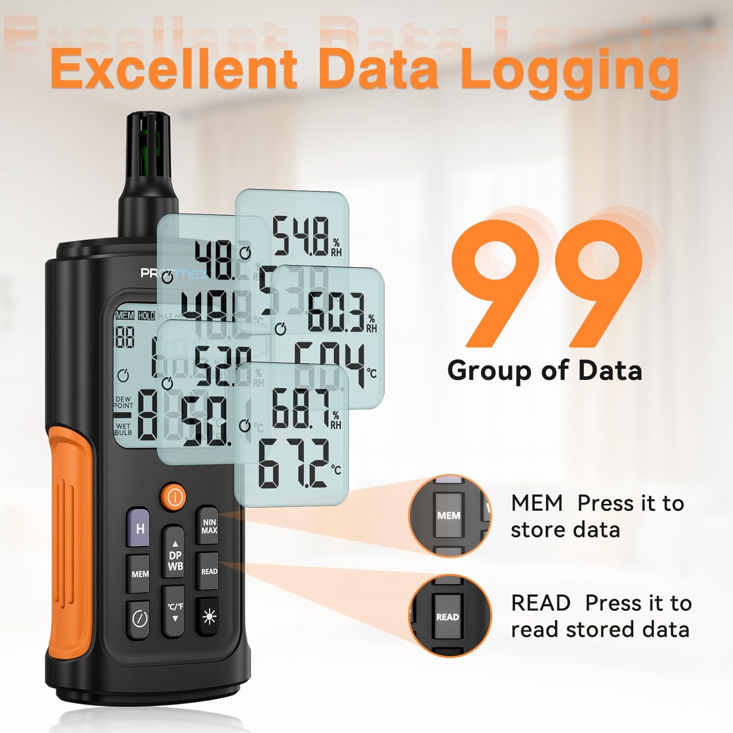 YT606 Temperature Humidity Meter High Precision Digital Hygrometer with Ambient, Relative Humidity, Dew Point, Wet Bulb Thermometer for Indoor Outdoor, Digital Thermometer Min/Max Hold, LCD Backlight