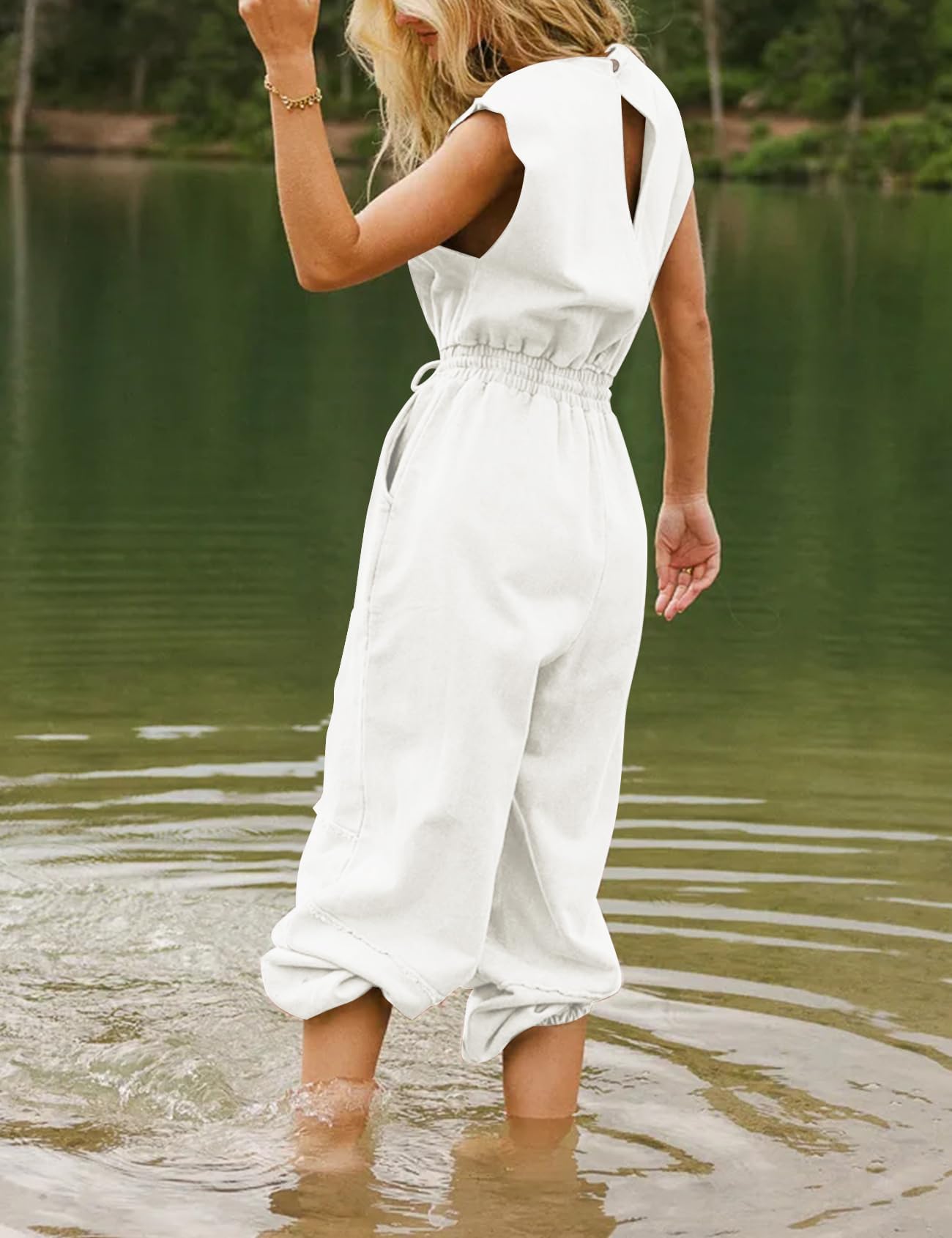 Flygo Womens Casual Jumpsuit Crewneck Cap Sleeve Long Wide Leg Pants One Piece Outfits Drawstring Romper with Pockets(LightGrey-M)