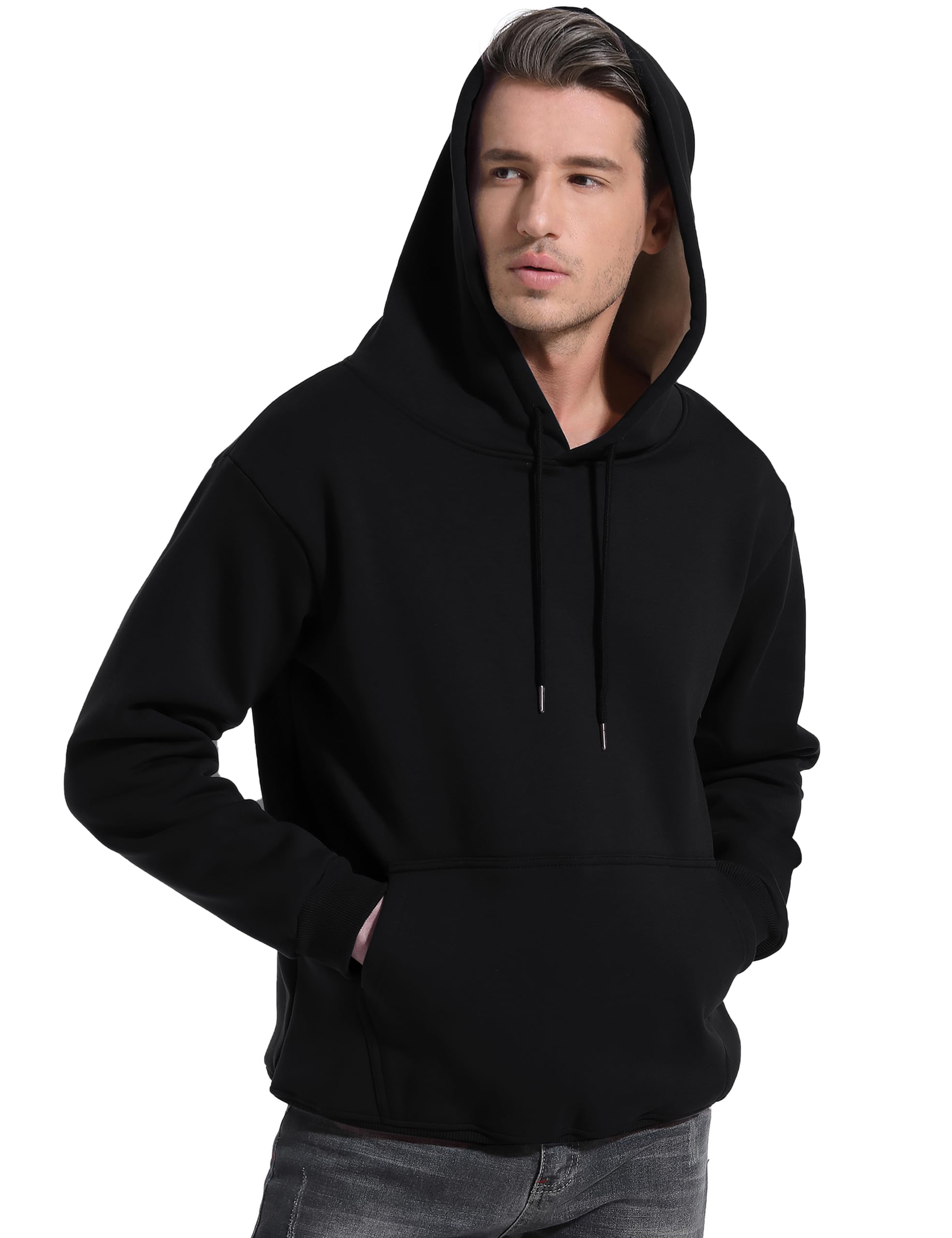 Flygo Men's Casual Fleece Sherpa Lined Hoodie Winter Warm Pullover Hooded Sweatshirt(Black-XL)