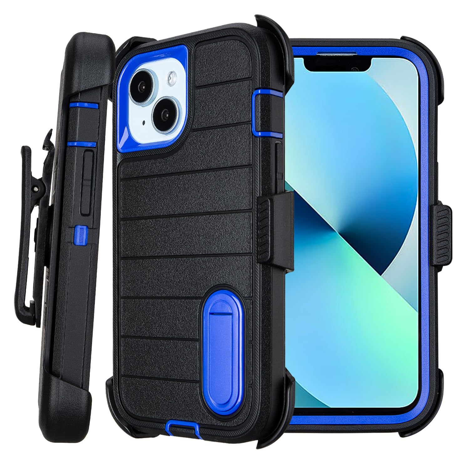 for Phone case iPhone 13 Case with Belt Clip, Heavy Duty Military Grade Drop iPhone13 Protective Case, Shockproof Defender Cover for iPhone 13 Cases 6.1 inch (Black+Blue)