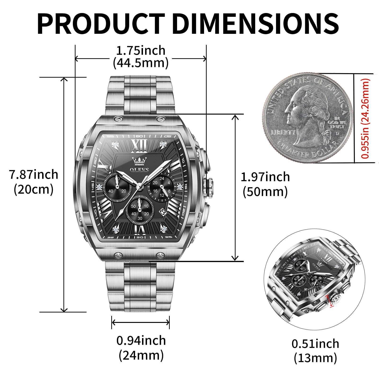 OLEVS Watches Men Chronograph Waterproof Rectangle Face Moon Phase Stainless Steel Strap Dress Watches for Men Luminous Quartz Calendar Mens Wrist Watch