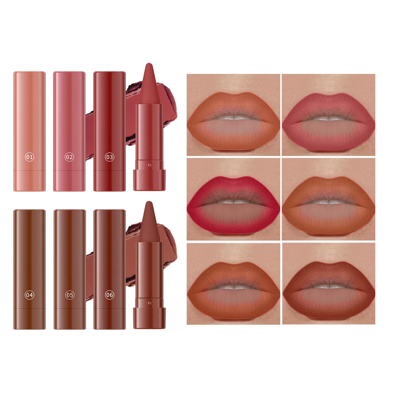 Jolilab 6PCS Lip Liner Lipstick Mini Set, Gradient Matte Nude Velvet Lip Liner Pencil High Pigmented Long Lasting Natural Smooth Lip Makeup Easy-to-Use Crayon Form and Cone Tip