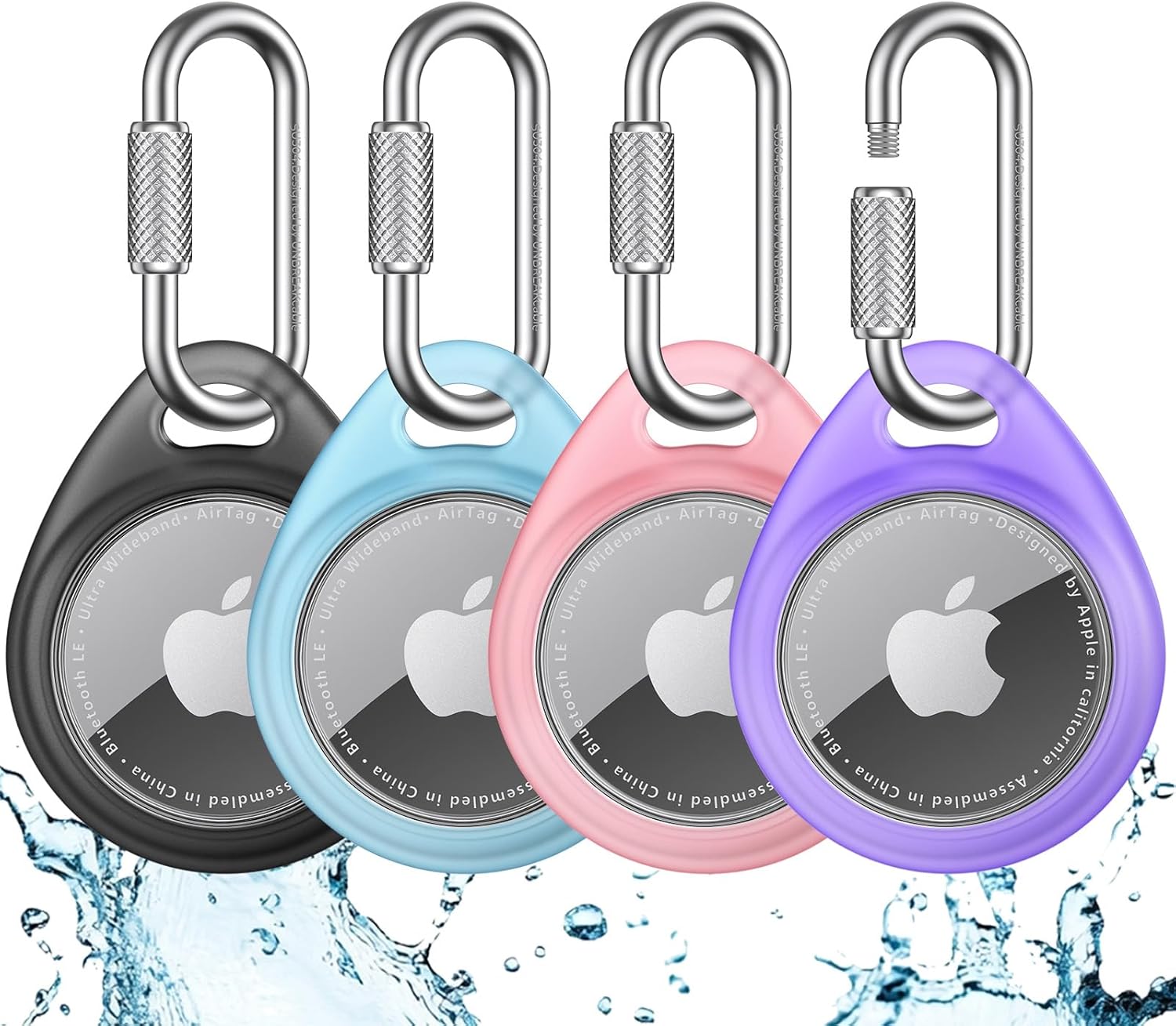 UNBREAKcable AirTag Holder for Apple - 4 Pack Air Tag Case [Professional Carabiner] [Waterproof] [Shockproof] TPU AirTag Keychain for Kids, Pets, Keys, Luggage, Backpacks