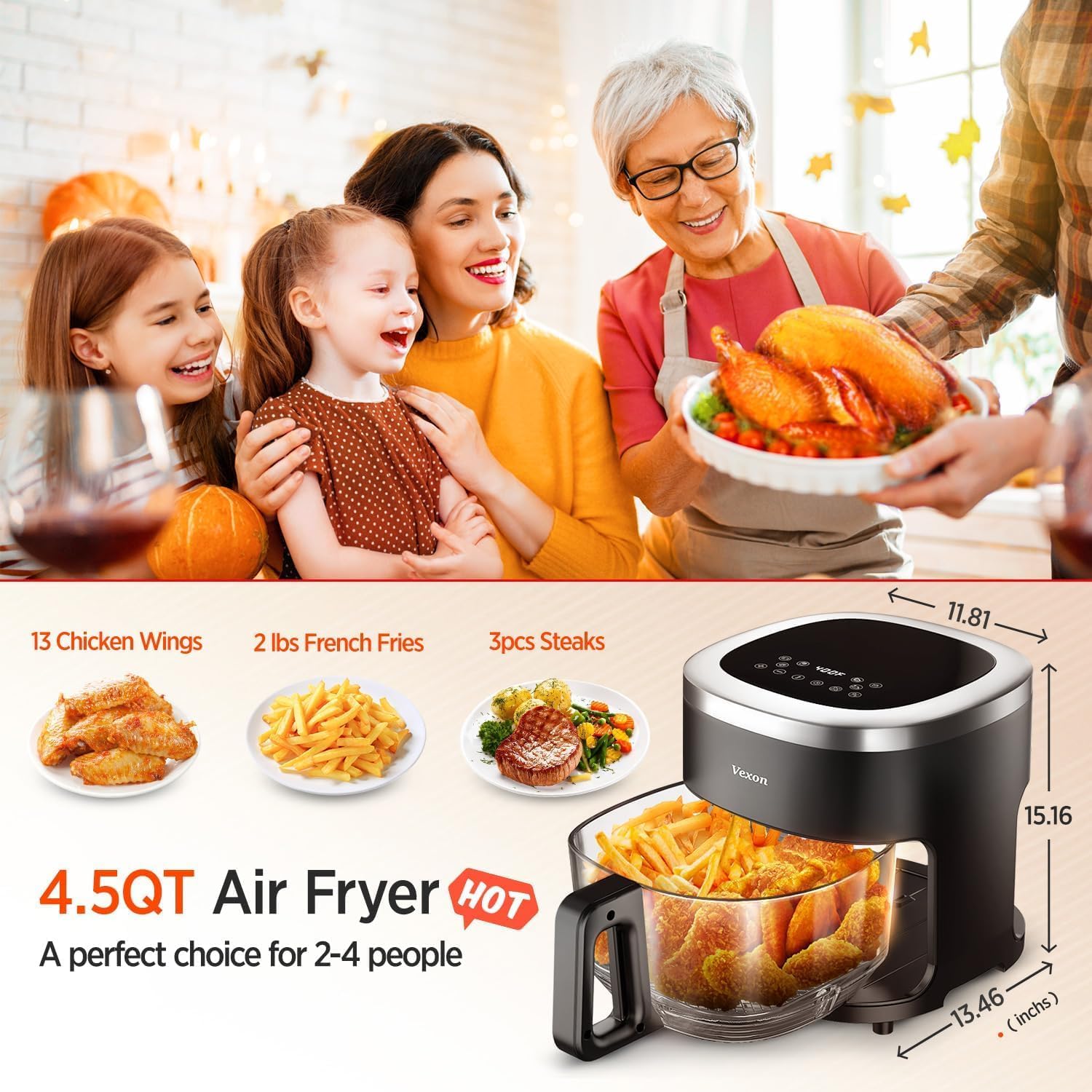 6-IN-1 Glass Air Fryer with 4.5 QT Capacity,Air Fry, Roast, Reheat, Dehydrate, Air Crisp Technology,Nonstick & Dishwasher Safe Basket,97% Less Oil,Features Digital Timer1