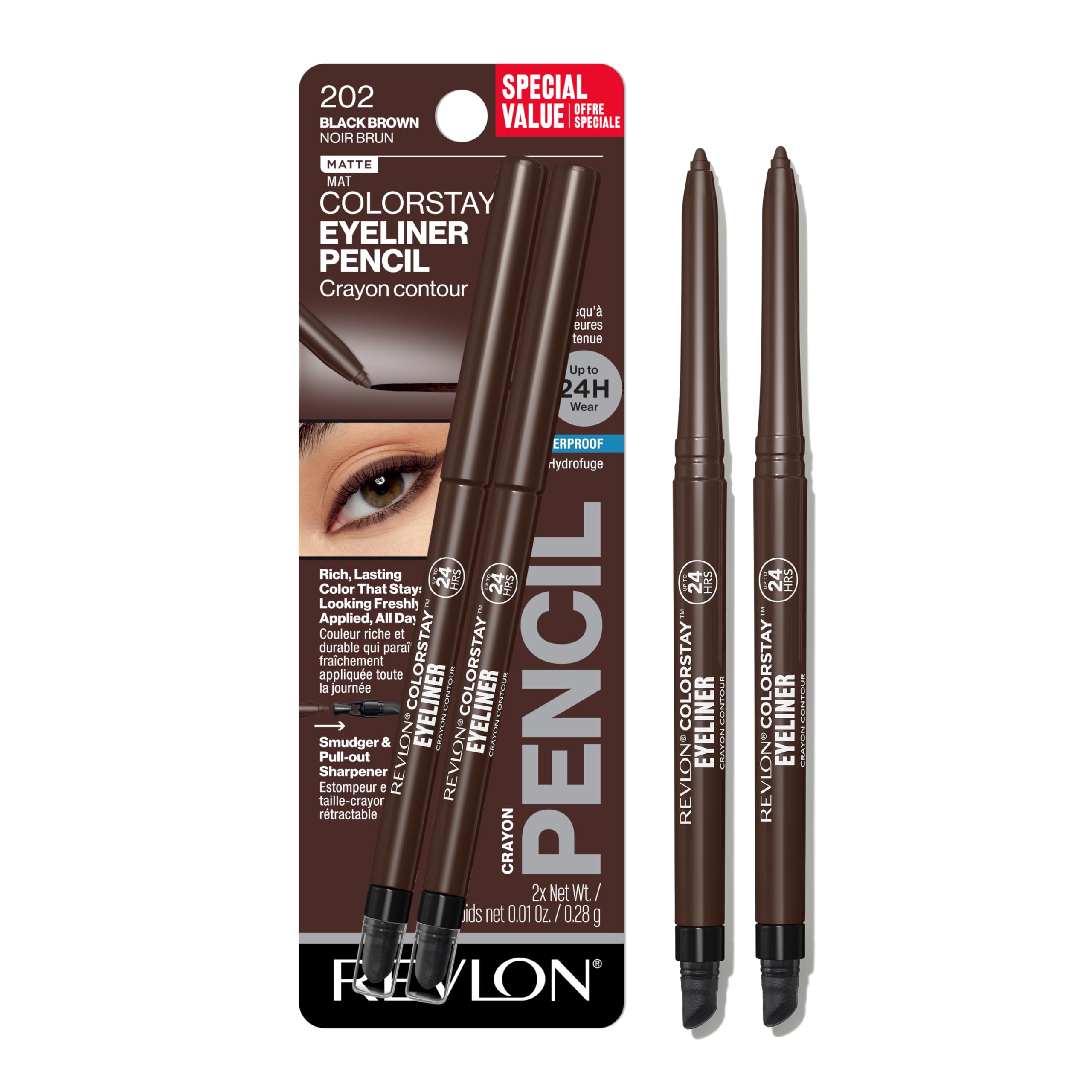 Revlon ColorStay Pencil Waterproof Eyeliner, Smudge-Proof, Eye Makeup with Built-In Sharpener, 202 Black Brown, 0.01 oz