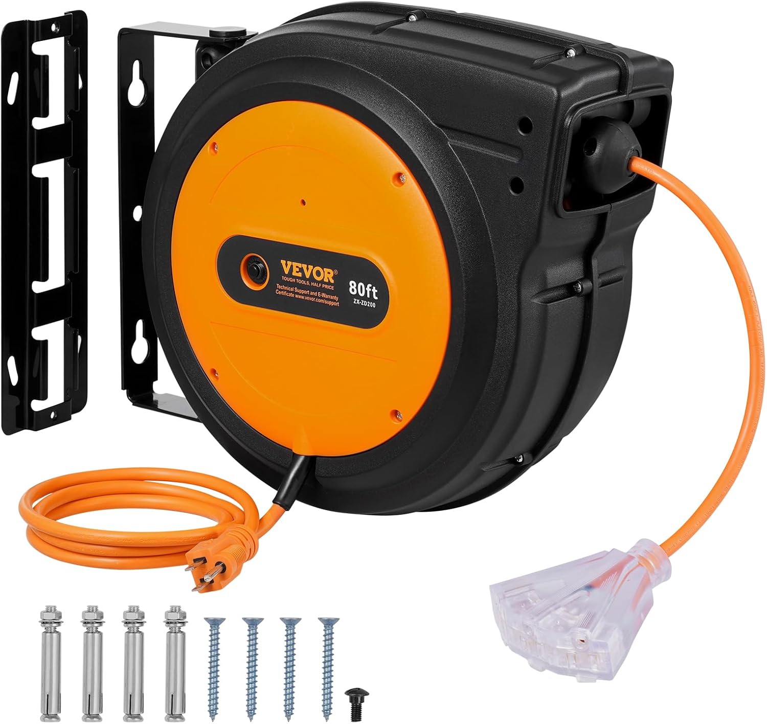 VEVOR Retractable Extension Cord Reel, 45 FT, Heavy Duty 12AWG/3C SJTOW Power Cord, with Lighted Triple Tap Outlet, 15 Amp Circuit Breaker, 180° Swivel Bracket for Ceiling or Wall Mount