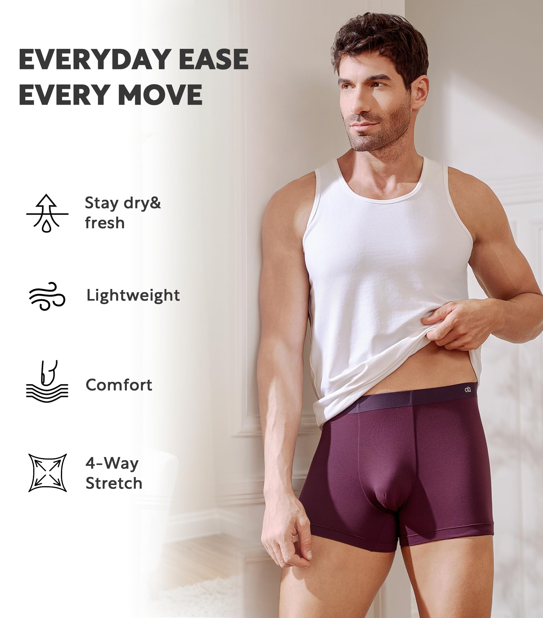 DAVID ARCHY Men's Underwear Trunks Modal Support Pouch Ultra Soft Breathable Seamless Underwear for Men 4 Pack